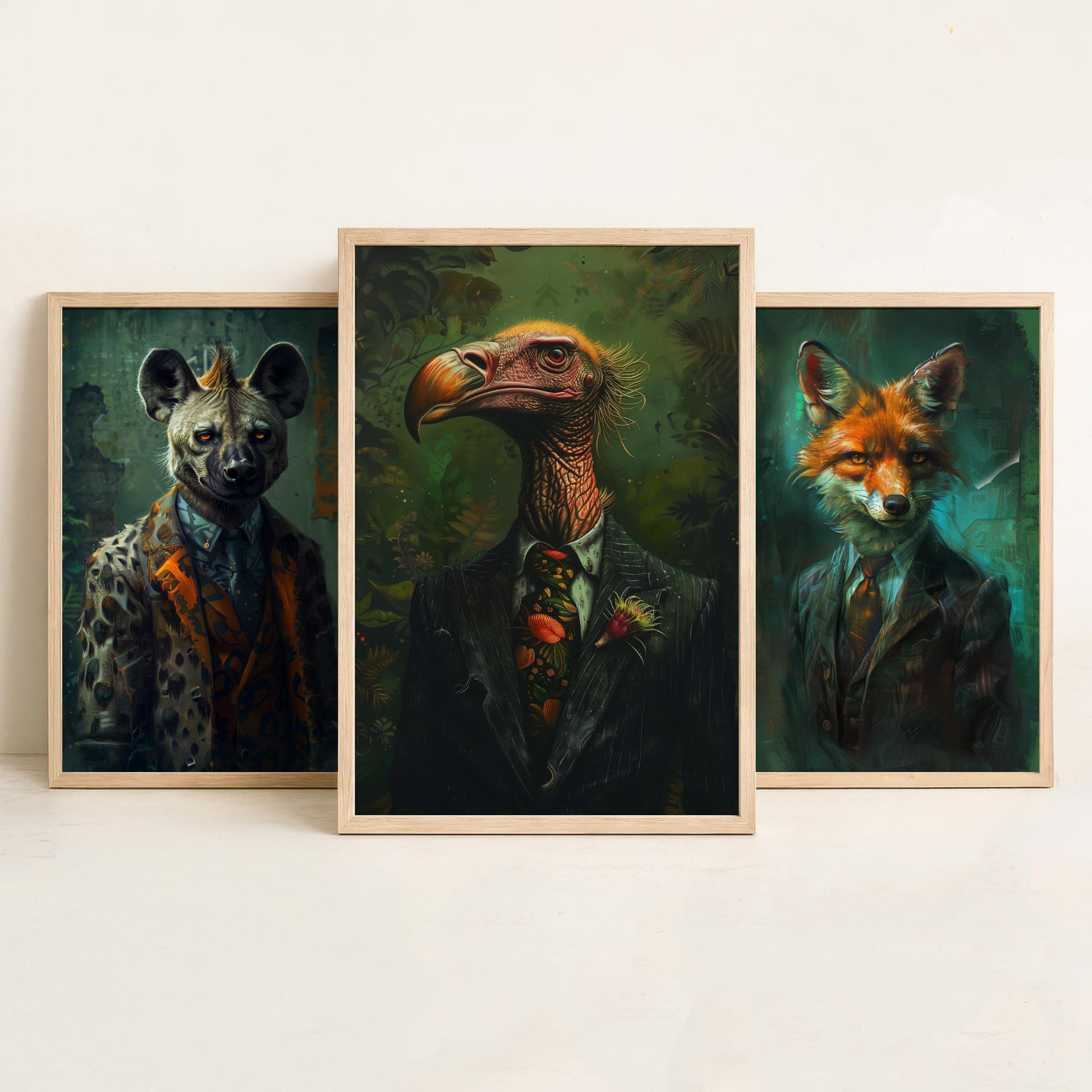 Animals in Suits Set of Three Art Prints - Hyena, Jackal, Vulture Portrait Posters - Savannah Scoundrels Painting Decor