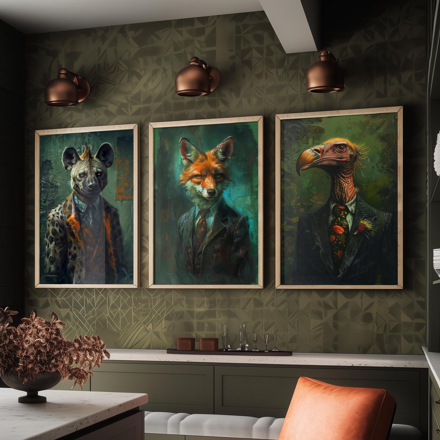Animals in Suits Set of Three Art Prints - Hyena, Jackal, Vulture Portrait Posters - Savannah Scoundrels Painting Decor