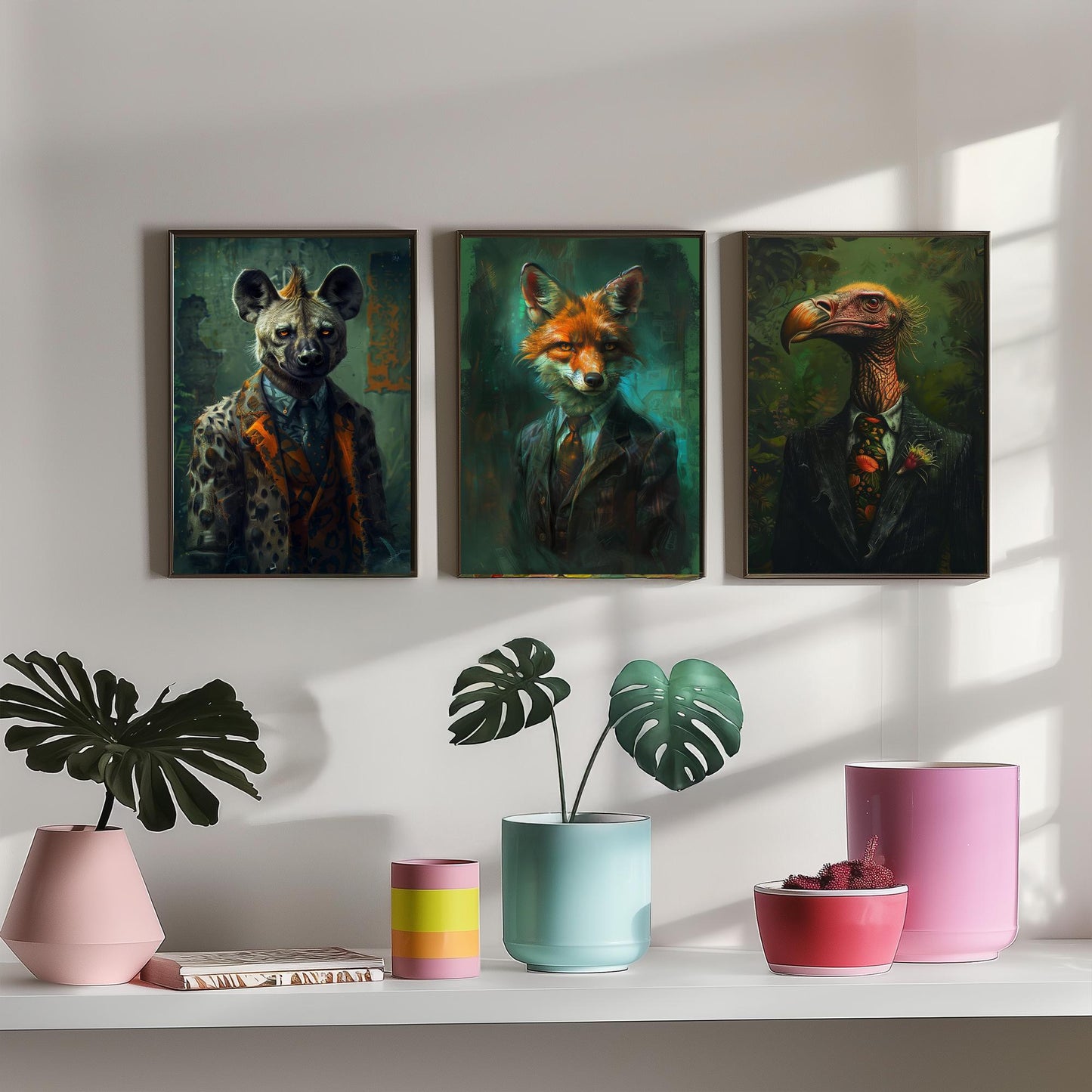 Animals in Suits Set of Three Art Prints - Hyena, Jackal, Vulture Portrait Posters - Savannah Scoundrels Painting Decor