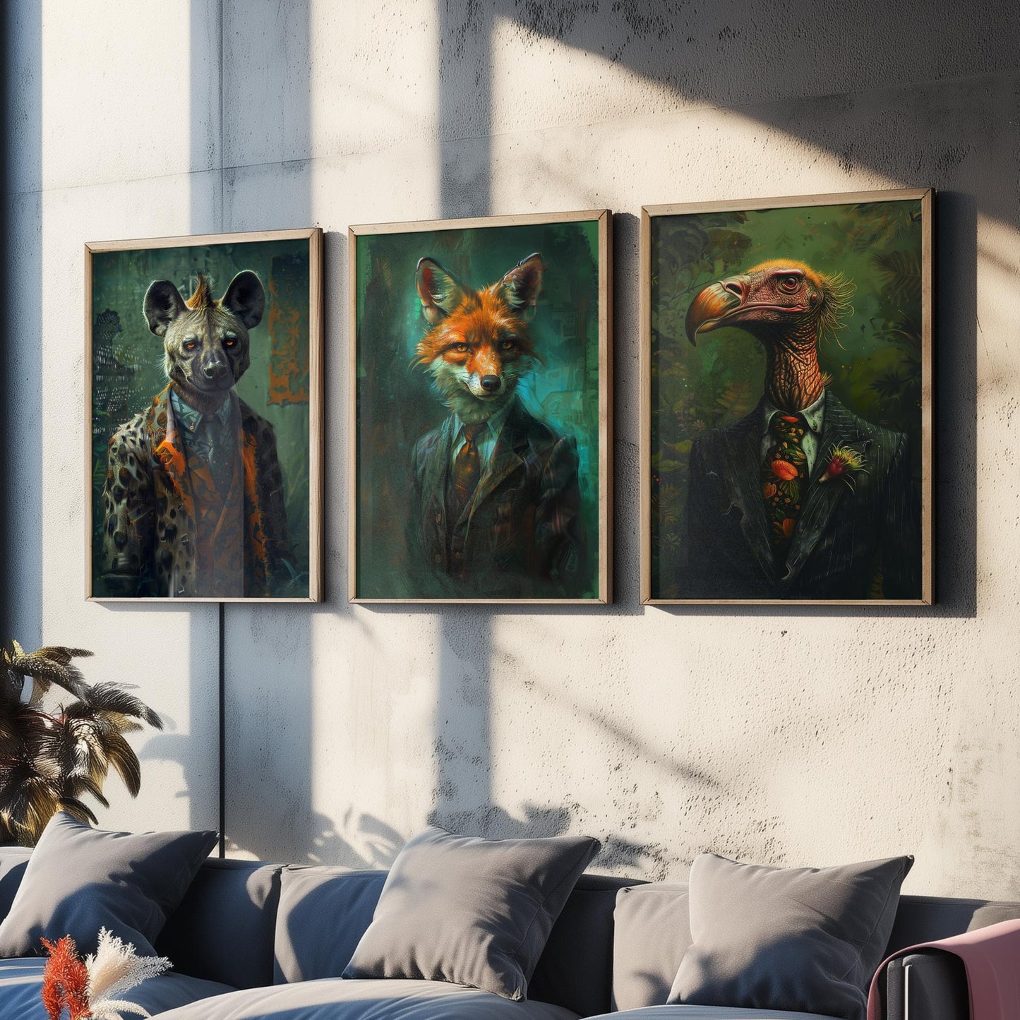 Animals in Suits Set of Three Art Prints - Hyena, Jackal, Vulture Portrait Posters - Savannah Scoundrels Painting Decor