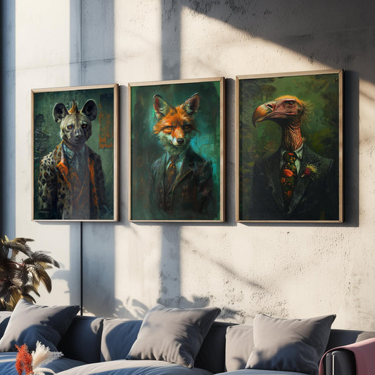 Animals in Suits Set of Three Art Prints - Hyena, Jackal, Vulture Portrait Posters - Savannah Scoundrels Painting Decor