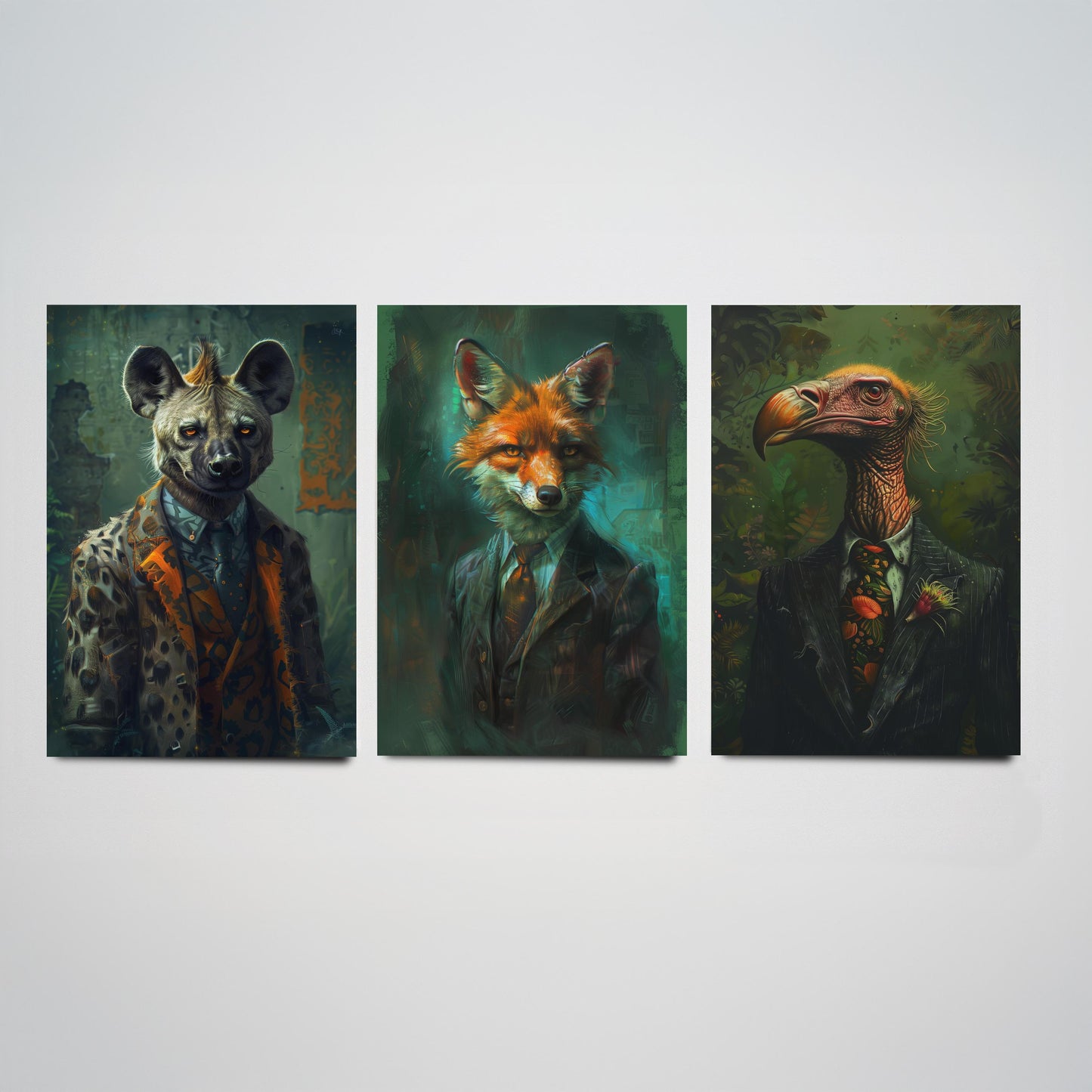 Animals in Suits Set of Three Art Prints - Hyena, Jackal, Vulture Portrait Posters - Savannah Scoundrels Painting Decor