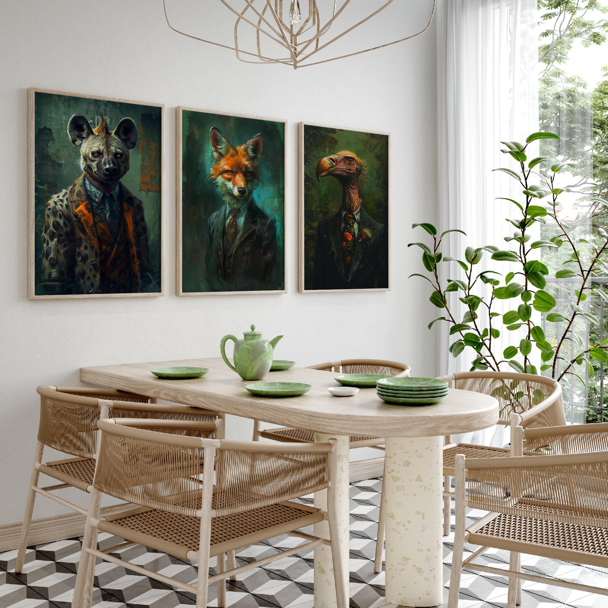 Animals in Suits Set of Three Art Prints - Hyena, Jackal, Vulture Portrait Posters - Savannah Scoundrels Painting Decor