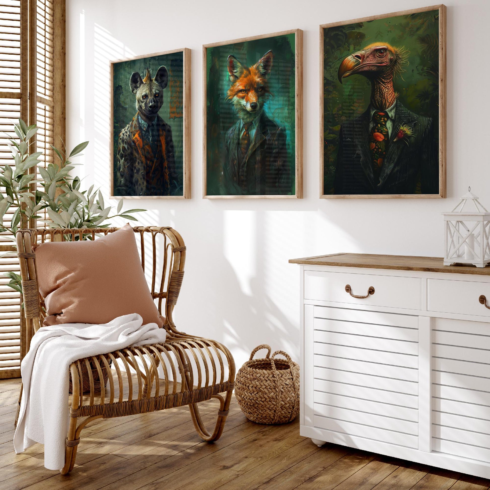 Animals in Suits Set of Three Art Prints - Hyena, Jackal, Vulture Portrait Posters - Savannah Scoundrels Painting Decor