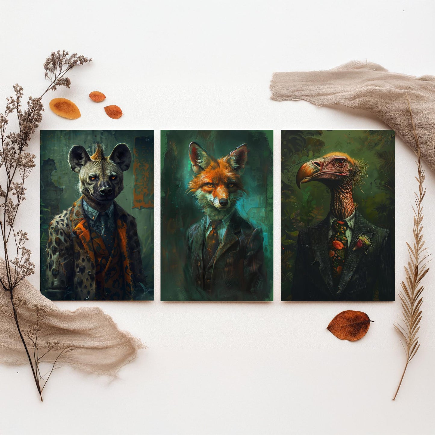 Animals in Suits Set of Three Art Prints - Hyena, Jackal, Vulture Portrait Posters - Savannah Scoundrels Painting Decor