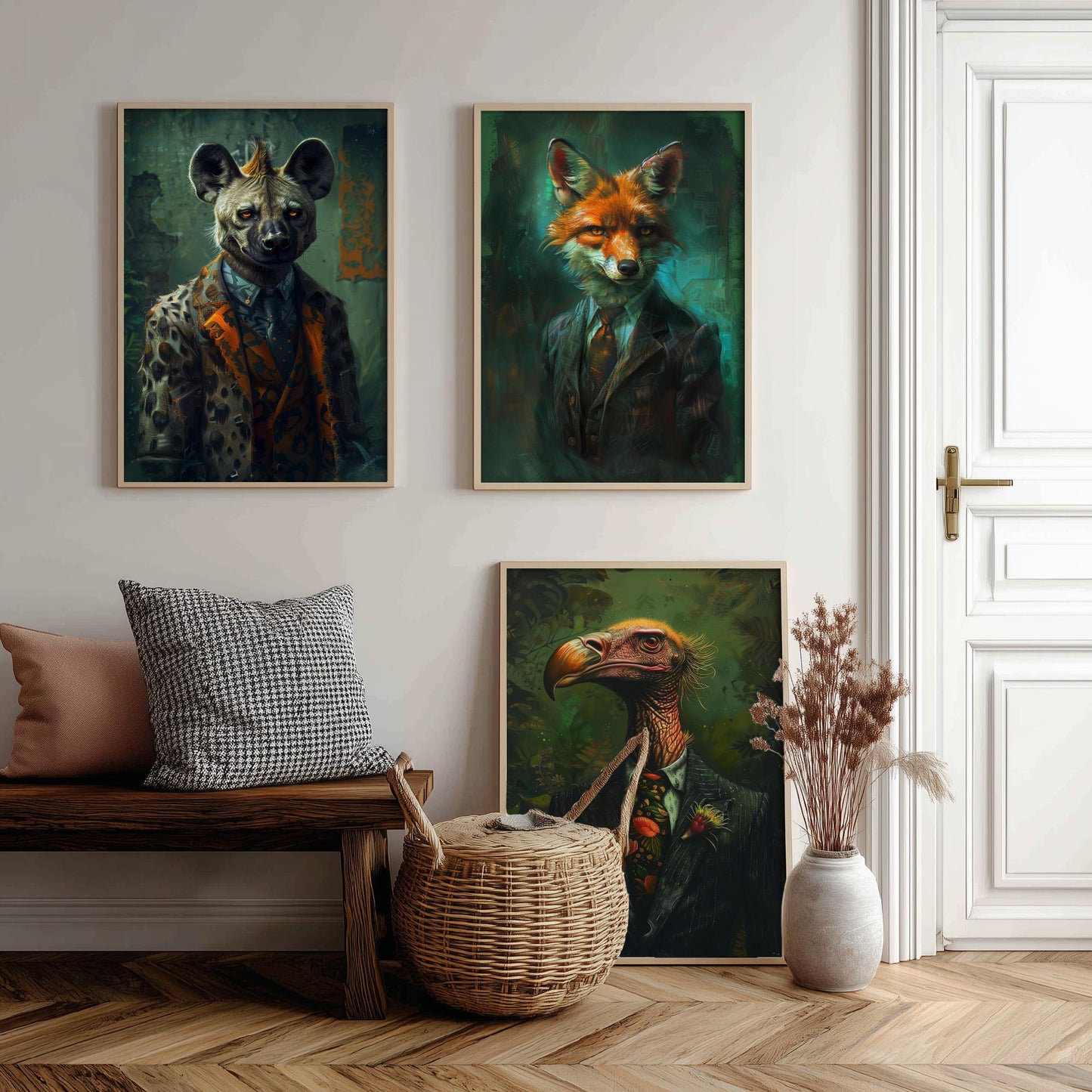Animals in Suits Set of Three Art Prints - Hyena, Jackal, Vulture Portrait Posters - Savannah Scoundrels Painting Decor