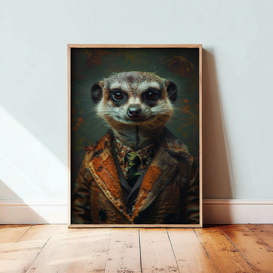 Meerkat in a Suit Art Print - Whimsical Animal Portrait Poster - Quirky Meerkat Painting - Dapper Gent 1/3