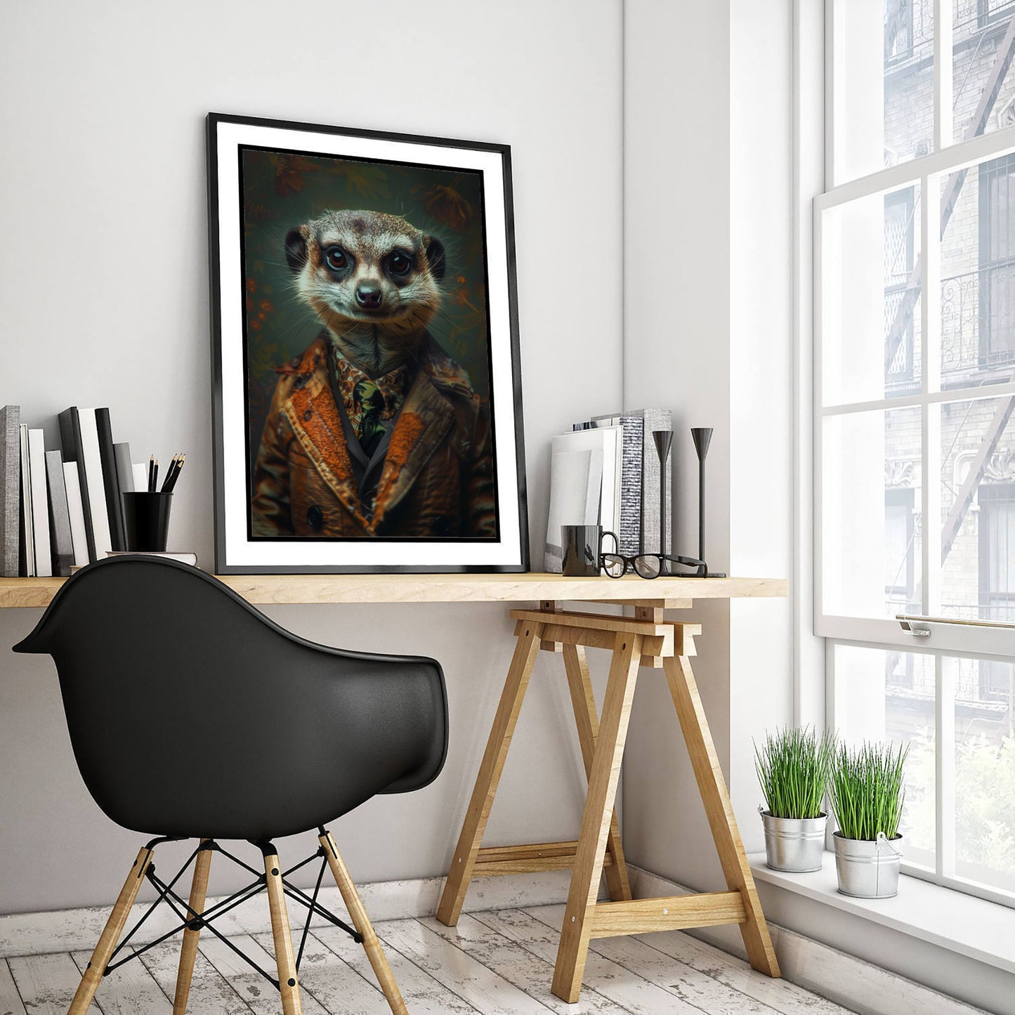 Meerkat in a Suit Art Print - Whimsical Animal Portrait Poster - Quirky Meerkat Painting - Dapper Gent 1/3