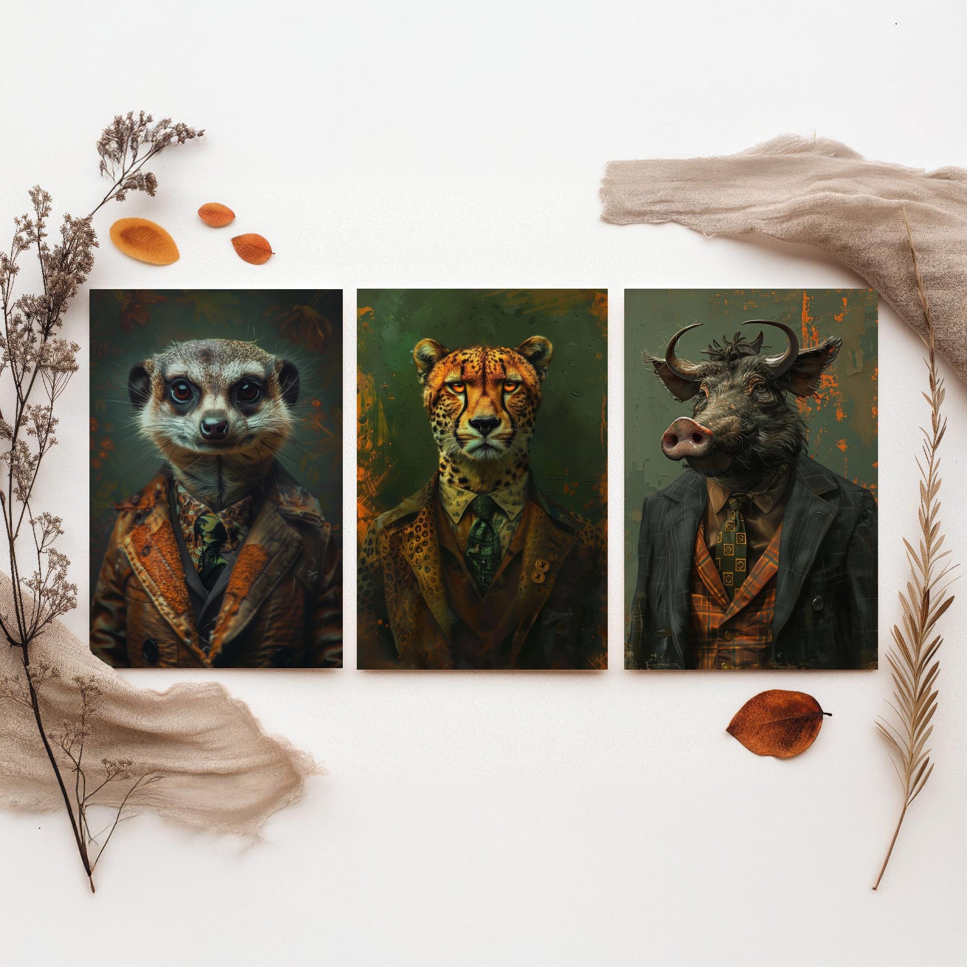 Animals in Suits Set of Three Art Prints - Meerkat, Cheetah, Warthog Portrait Posters - African Safari Animal Painting