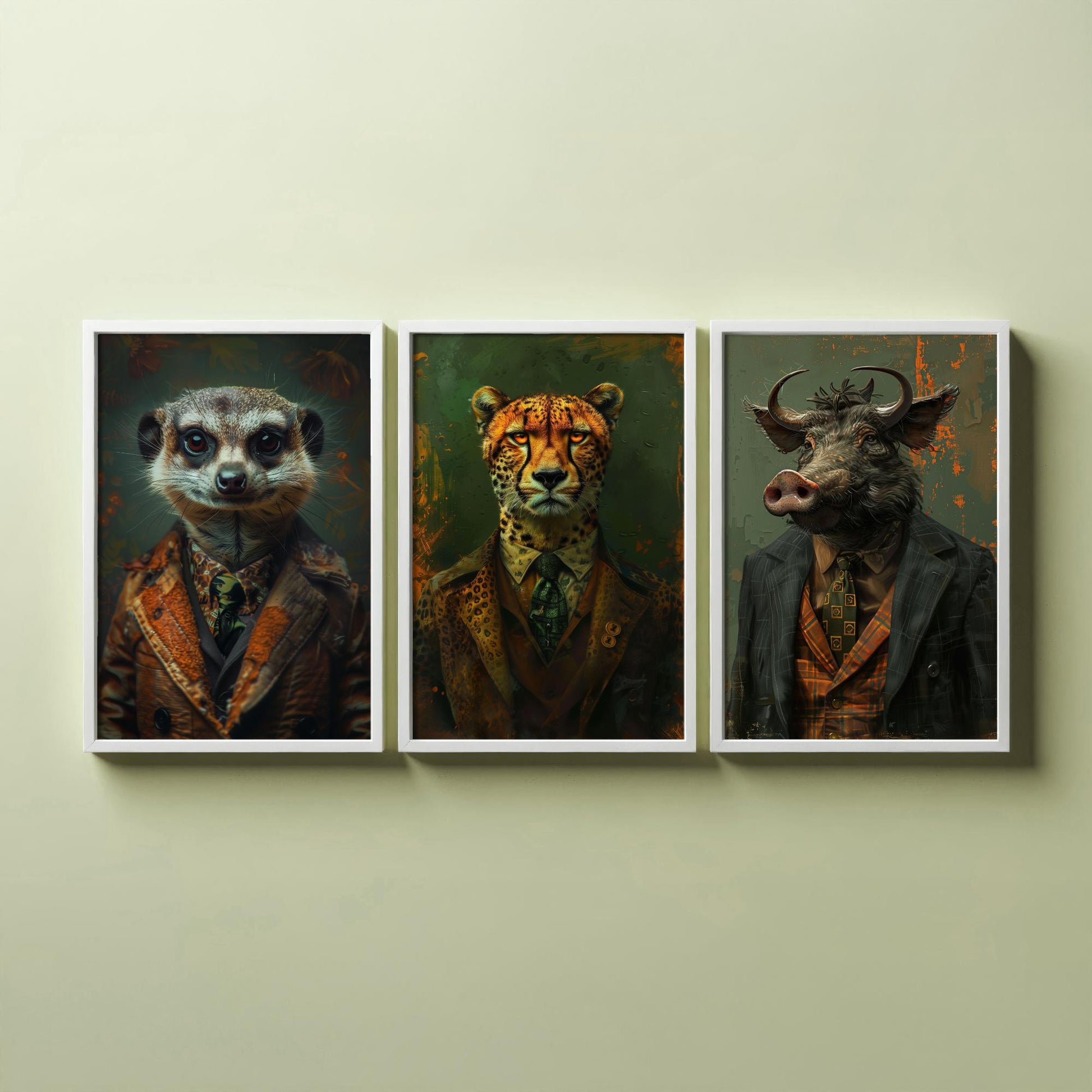 Animals in Suits Set of Three Art Prints - Meerkat, Cheetah, Warthog Portrait Posters - African Safari Animal Painting