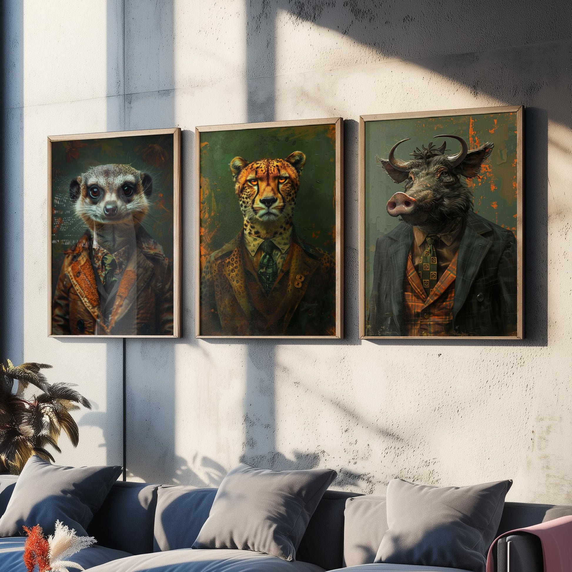 Animals in Suits Set of Three Art Prints - Meerkat, Cheetah, Warthog Portrait Posters - African Safari Animal Painting