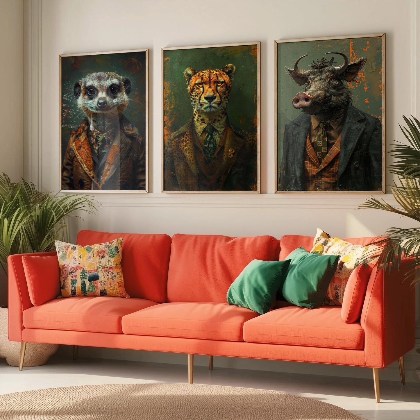 Animals in Suits Set of Three Art Prints - Meerkat, Cheetah, Warthog Portrait Posters - African Safari Animal Painting