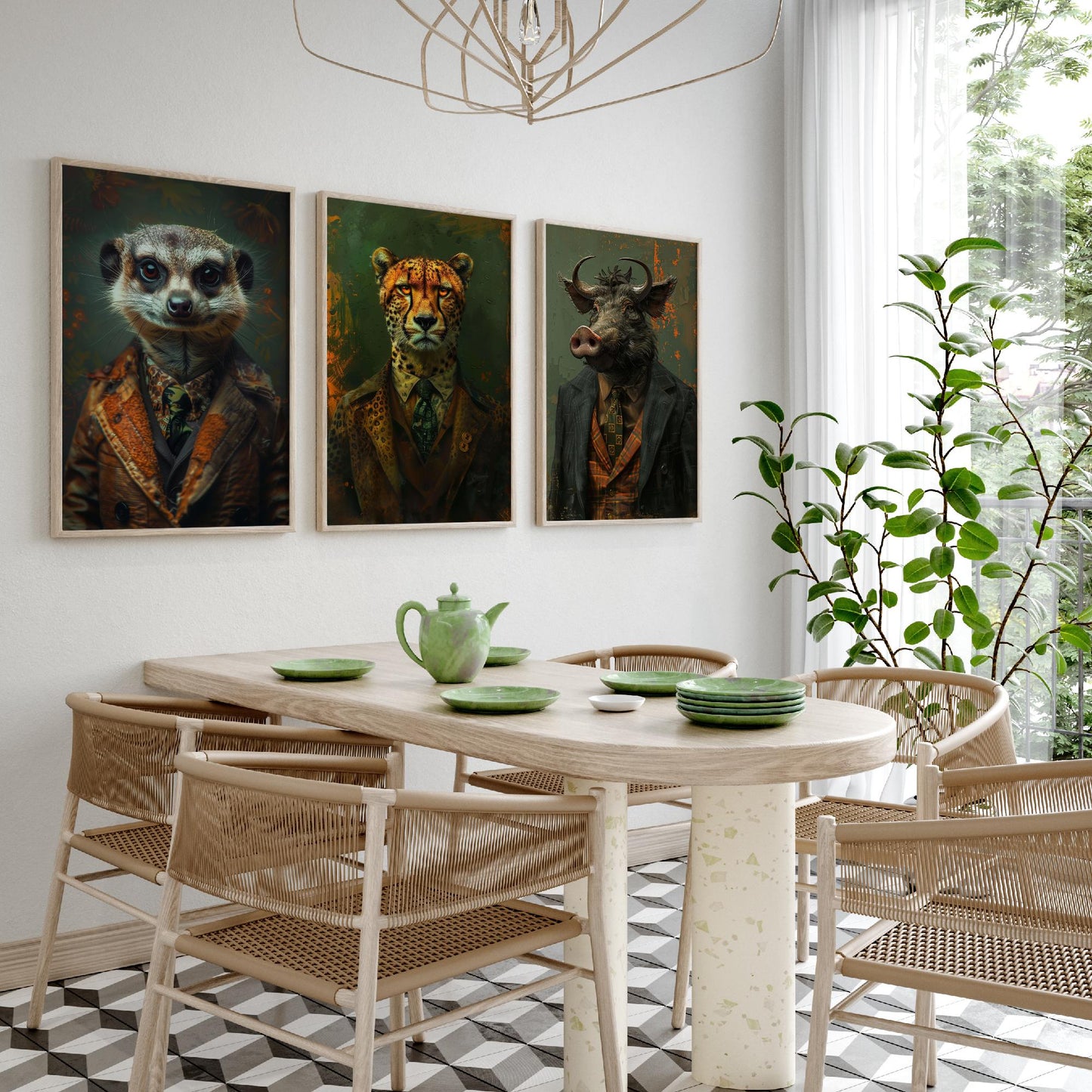 Animals in Suits Set of Three Art Prints - Meerkat, Cheetah, Warthog Portrait Posters - African Safari Animal Painting