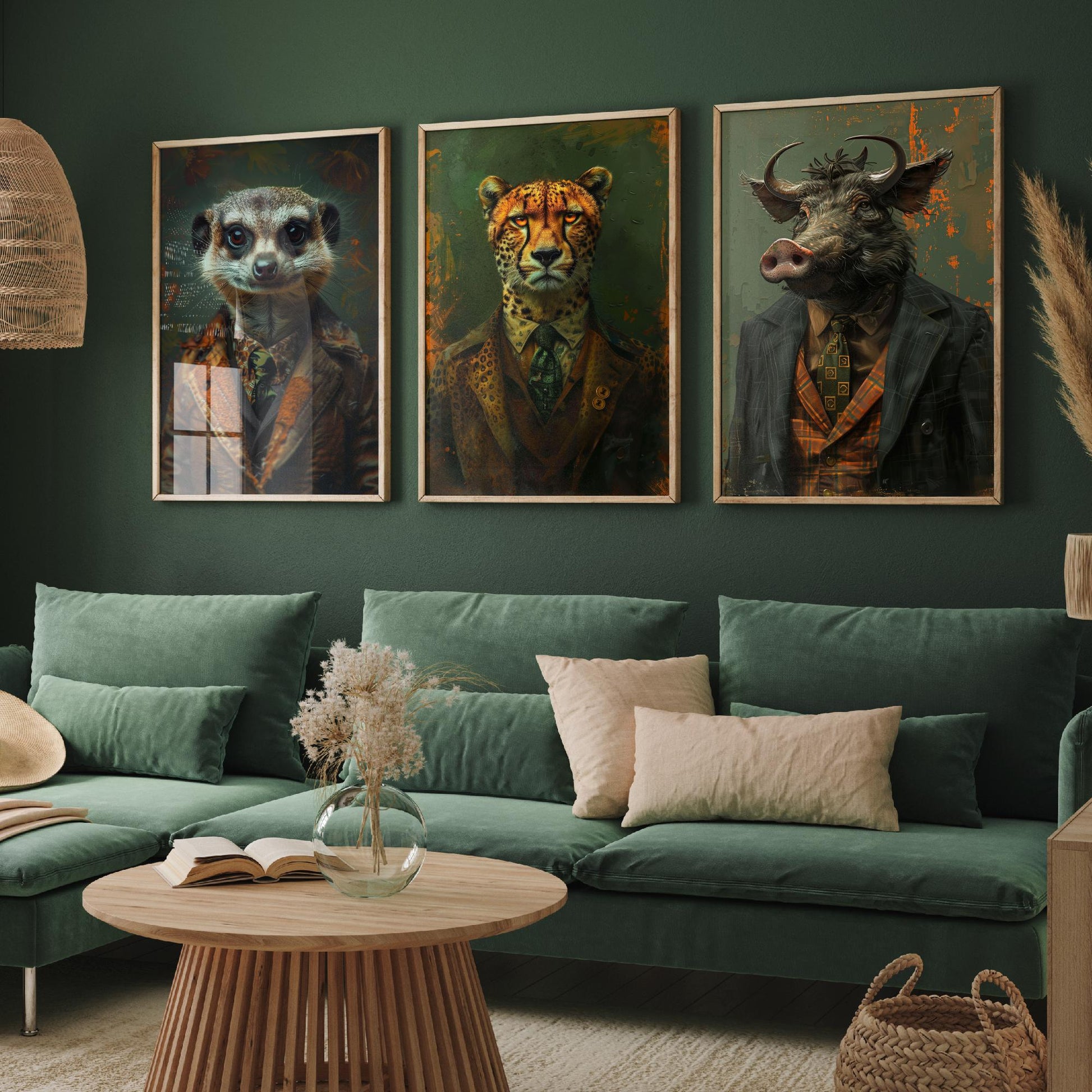 Animals in Suits Set of Three Art Prints - Meerkat, Cheetah, Warthog Portrait Posters - African Safari Animal Painting