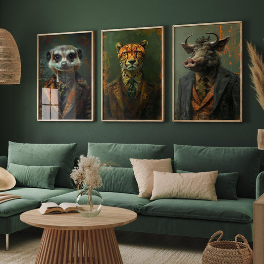 Animals in Suits Set of Three Art Prints - Meerkat, Cheetah, Warthog Portrait Posters - African Safari Animal Painting