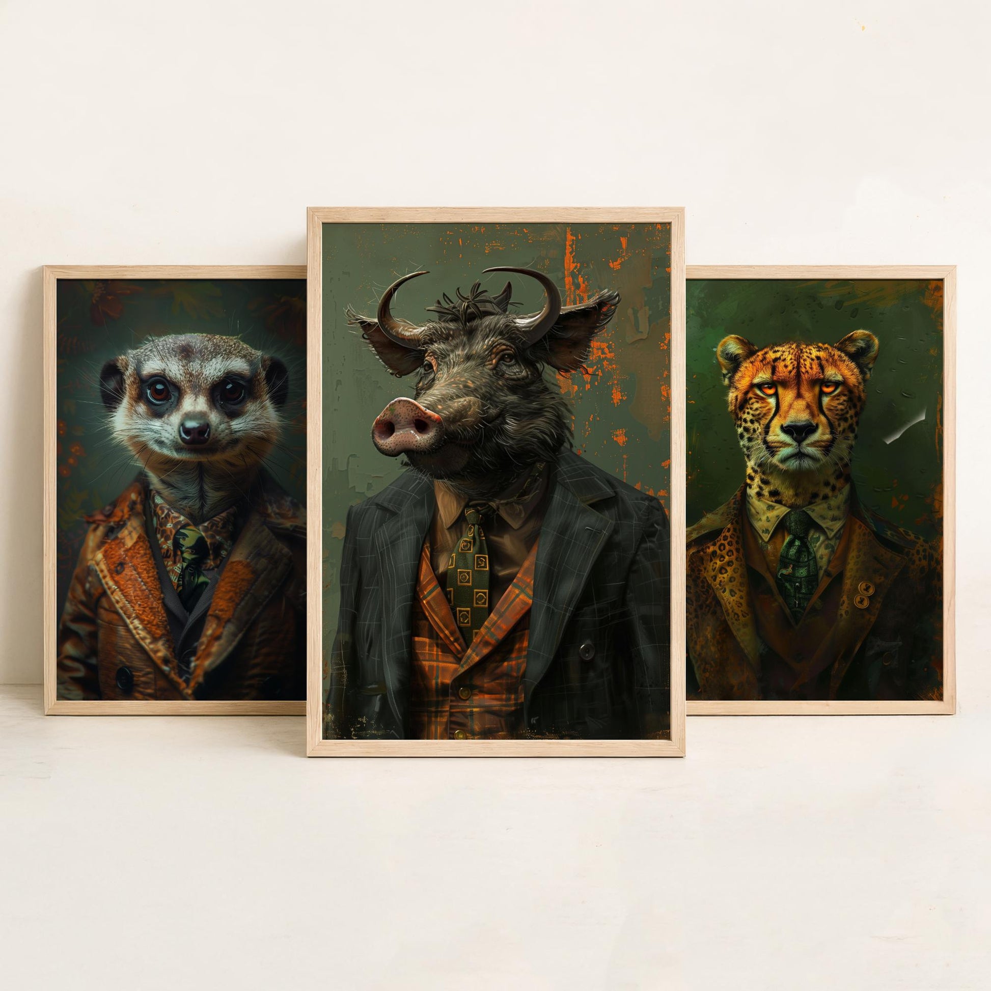 Animals in Suits Set of Three Art Prints - Meerkat, Cheetah, Warthog Portrait Posters - African Safari Animal Painting
