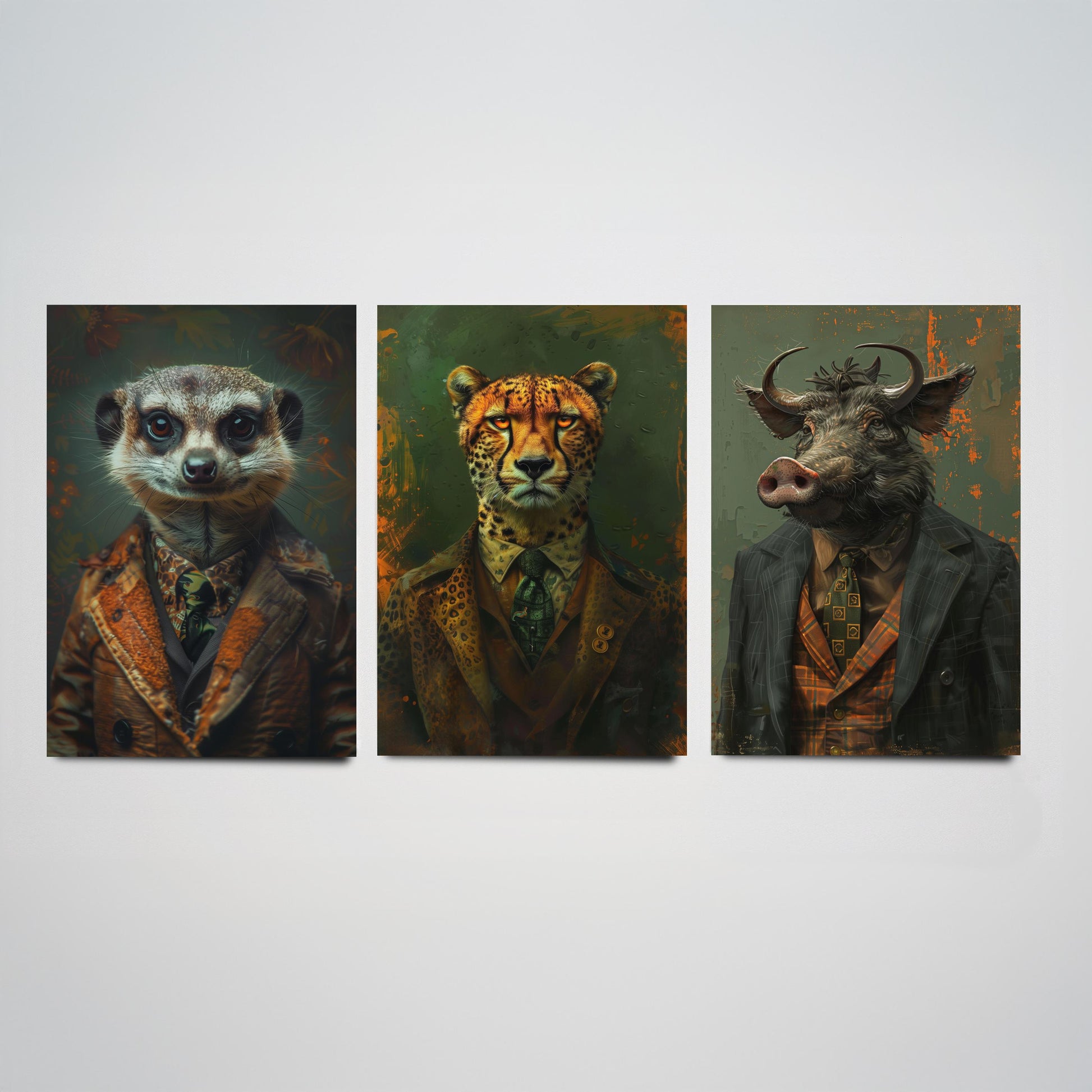 Animals in Suits Set of Three Art Prints - Meerkat, Cheetah, Warthog Portrait Posters - African Safari Animal Painting