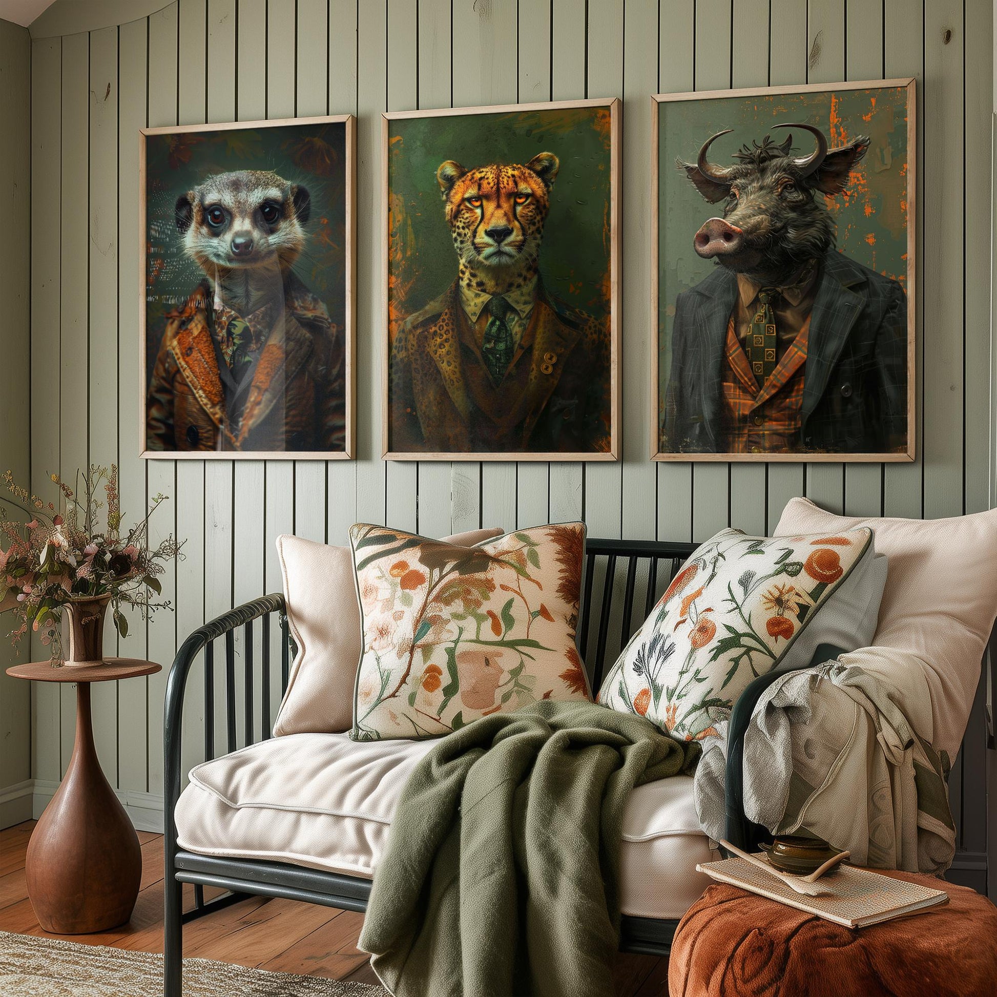 Animals in Suits Set of Three Art Prints - Meerkat, Cheetah, Warthog Portrait Posters - African Safari Animal Painting