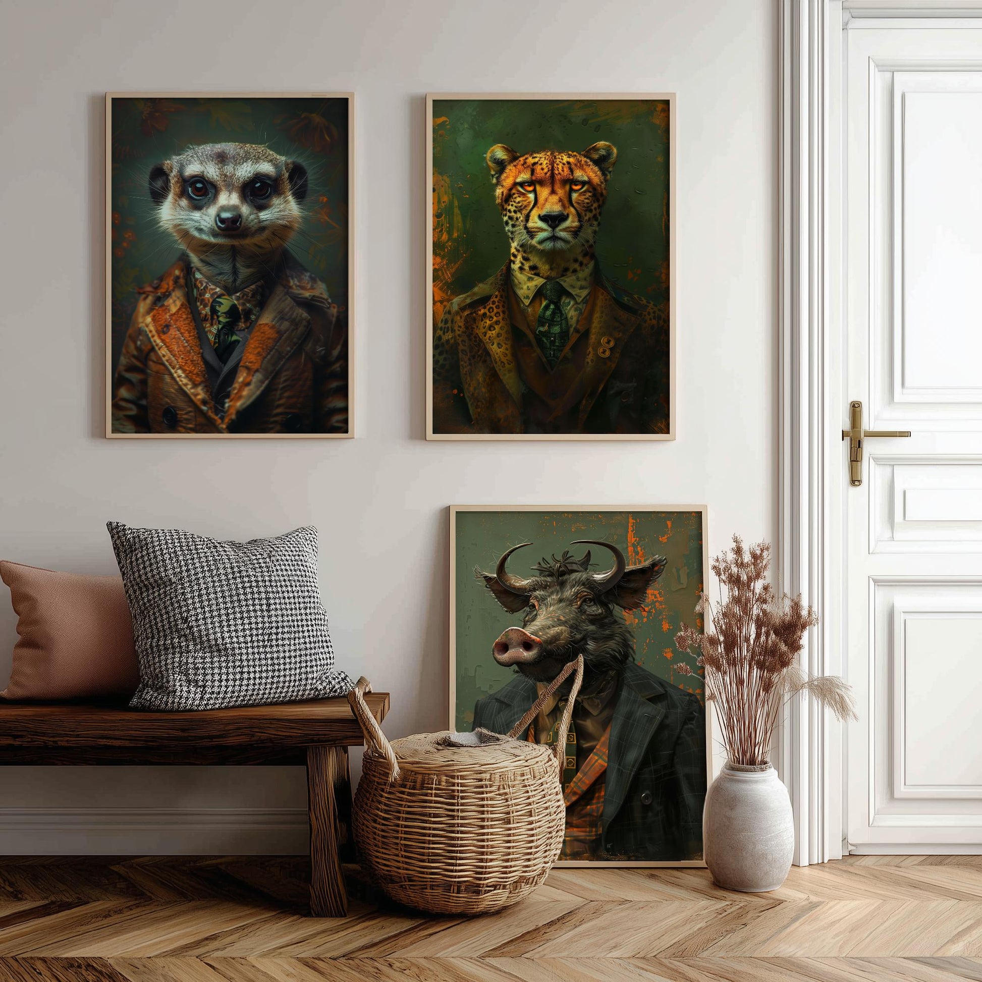 Animals in Suits Set of Three Art Prints - Meerkat, Cheetah, Warthog Portrait Posters - African Safari Animal Painting
