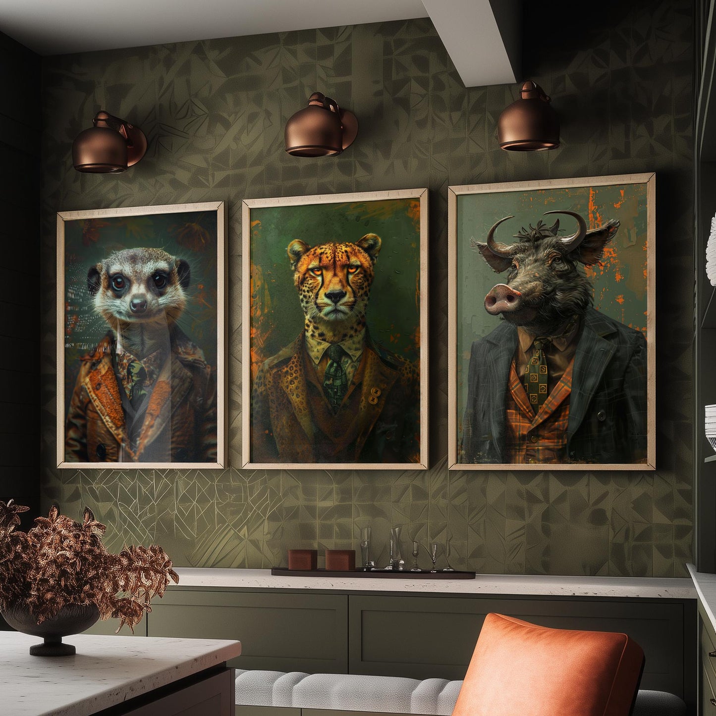 Animals in Suits Set of Three Art Prints - Meerkat, Cheetah, Warthog Portrait Posters - African Safari Animal Painting