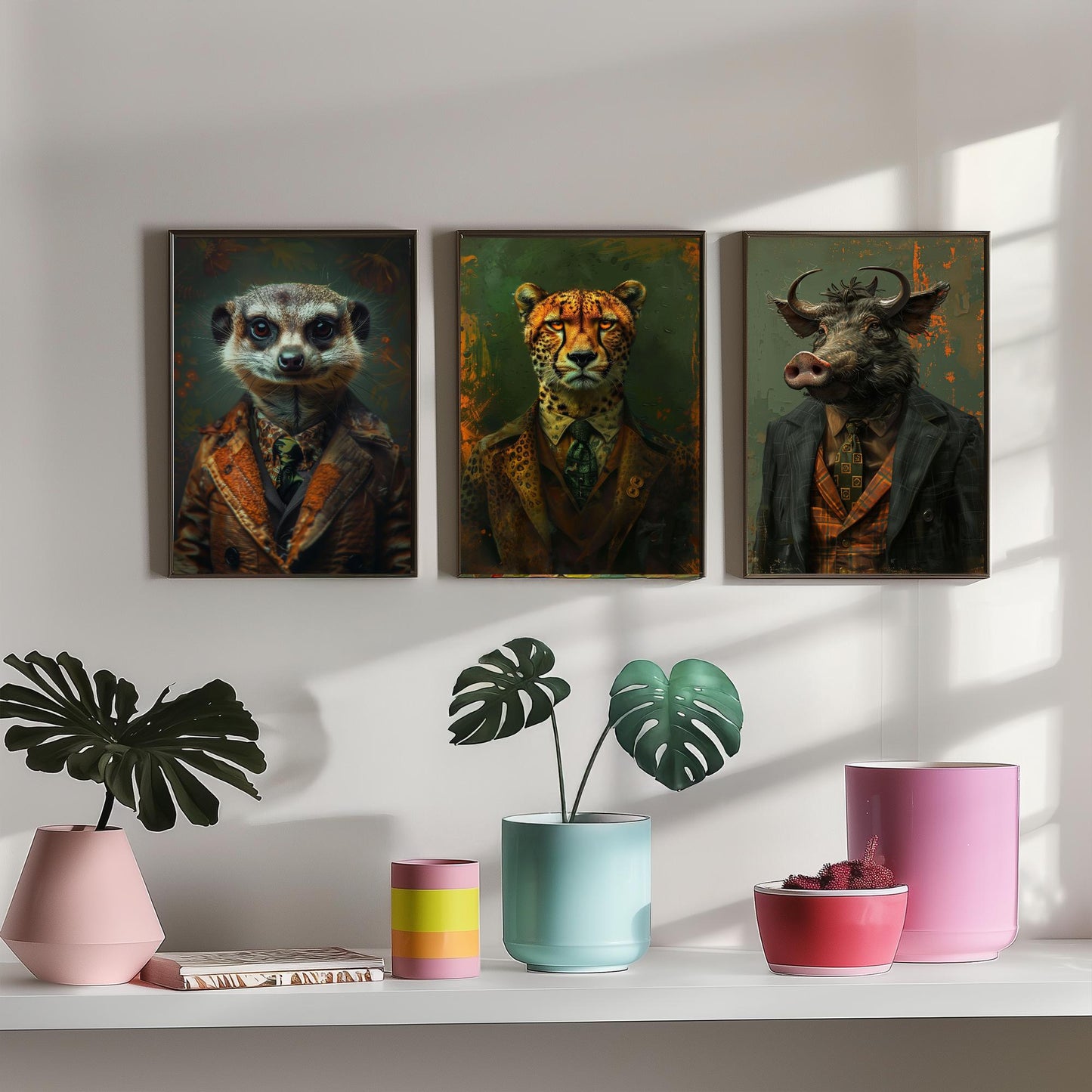 Animals in Suits Set of Three Art Prints - Meerkat, Cheetah, Warthog Portrait Posters - African Safari Animal Painting