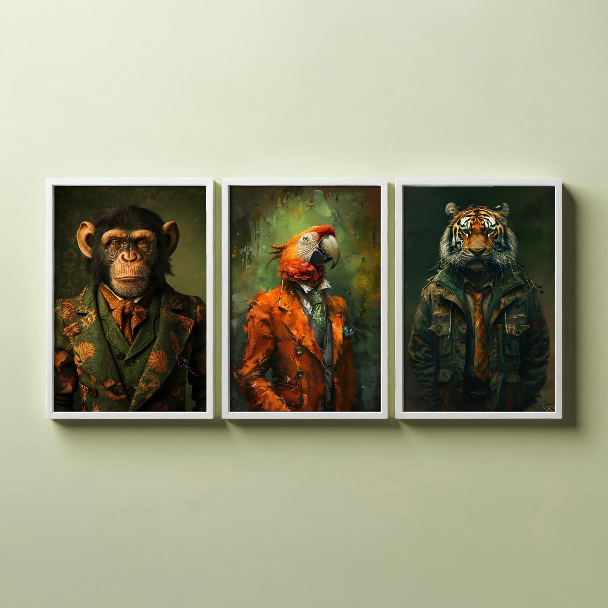 Animals in Suits Set of Three Art Prints - Monkey, Parrot, Tiger Portrait Posters - Jungle Gentleman Animal Painting