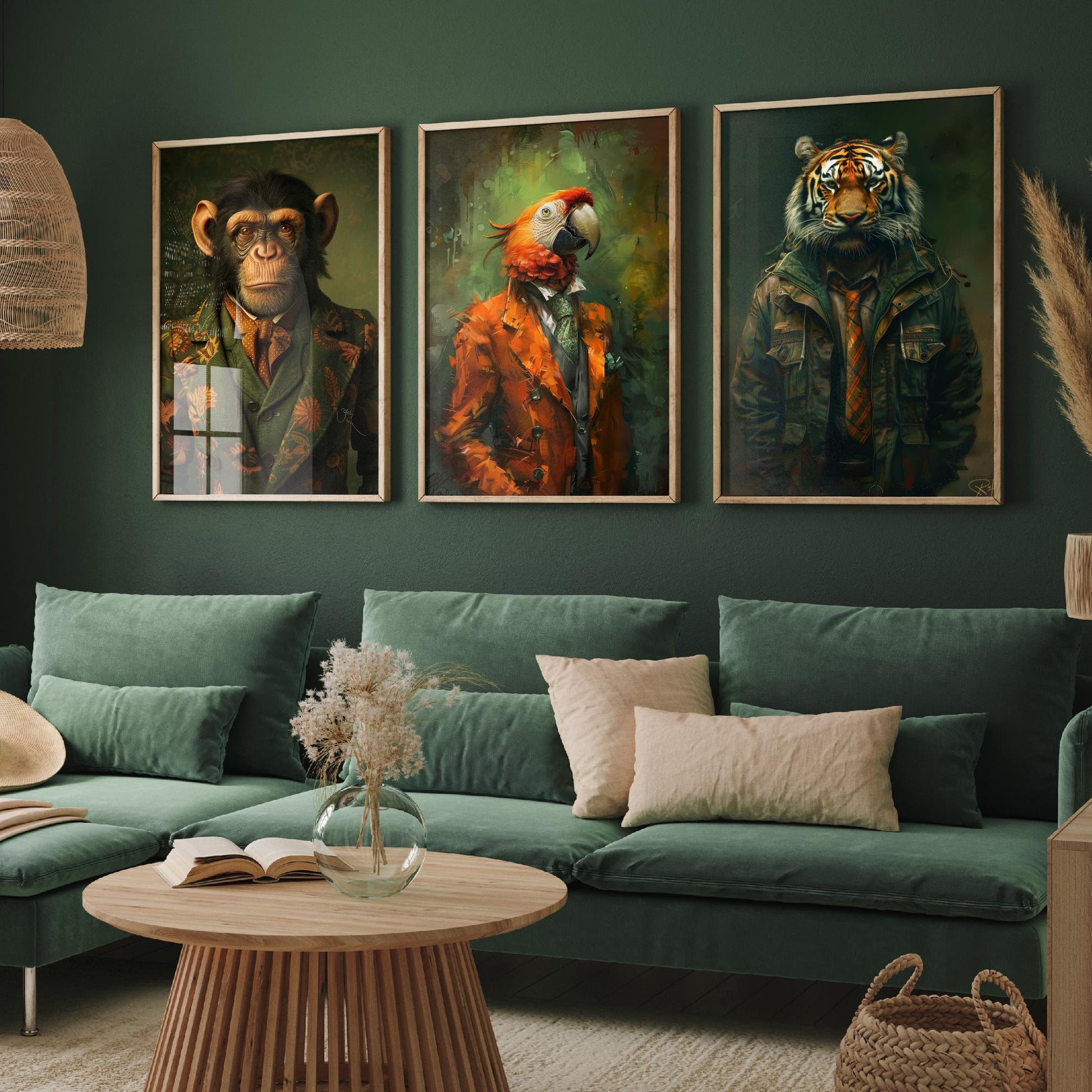 Animals in Suits Set of Three Art Prints - Monkey, Parrot, Tiger Portrait Posters - Jungle Gentleman Animal Painting