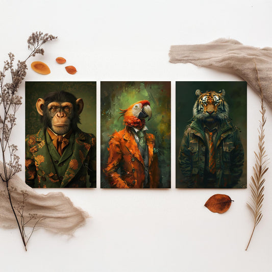 Animals in Suits Set of Three Art Prints - Monkey, Parrot, Tiger Portrait Posters - Jungle Gentleman Animal Painting