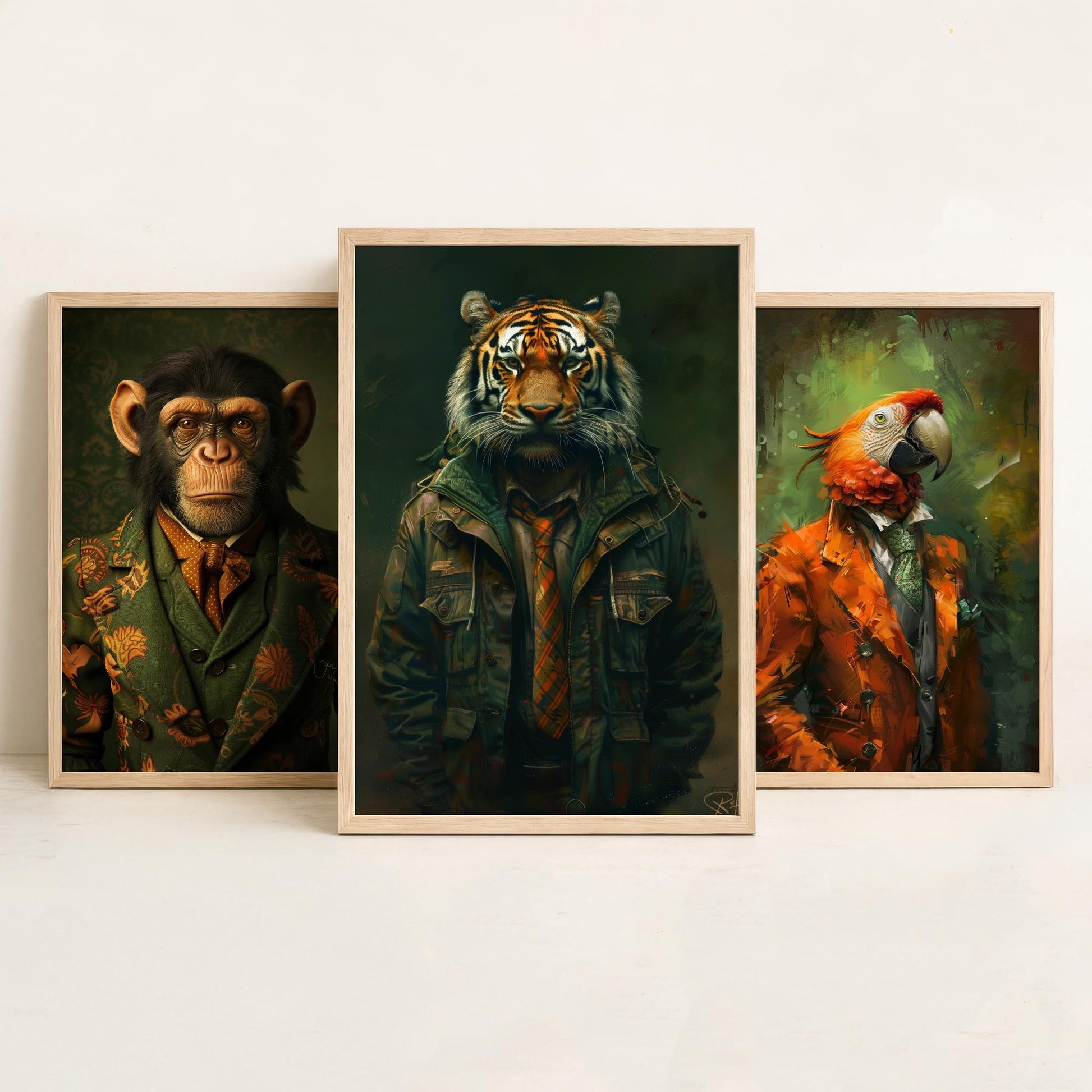 Animals in Suits Set of Three Art Prints - Monkey, Parrot, Tiger Portrait Posters - Jungle Gentleman Animal Painting