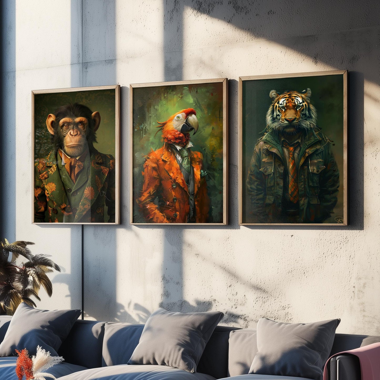 Animals in Suits Set of Three Art Prints - Monkey, Parrot, Tiger Portrait Posters - Jungle Gentleman Animal Painting