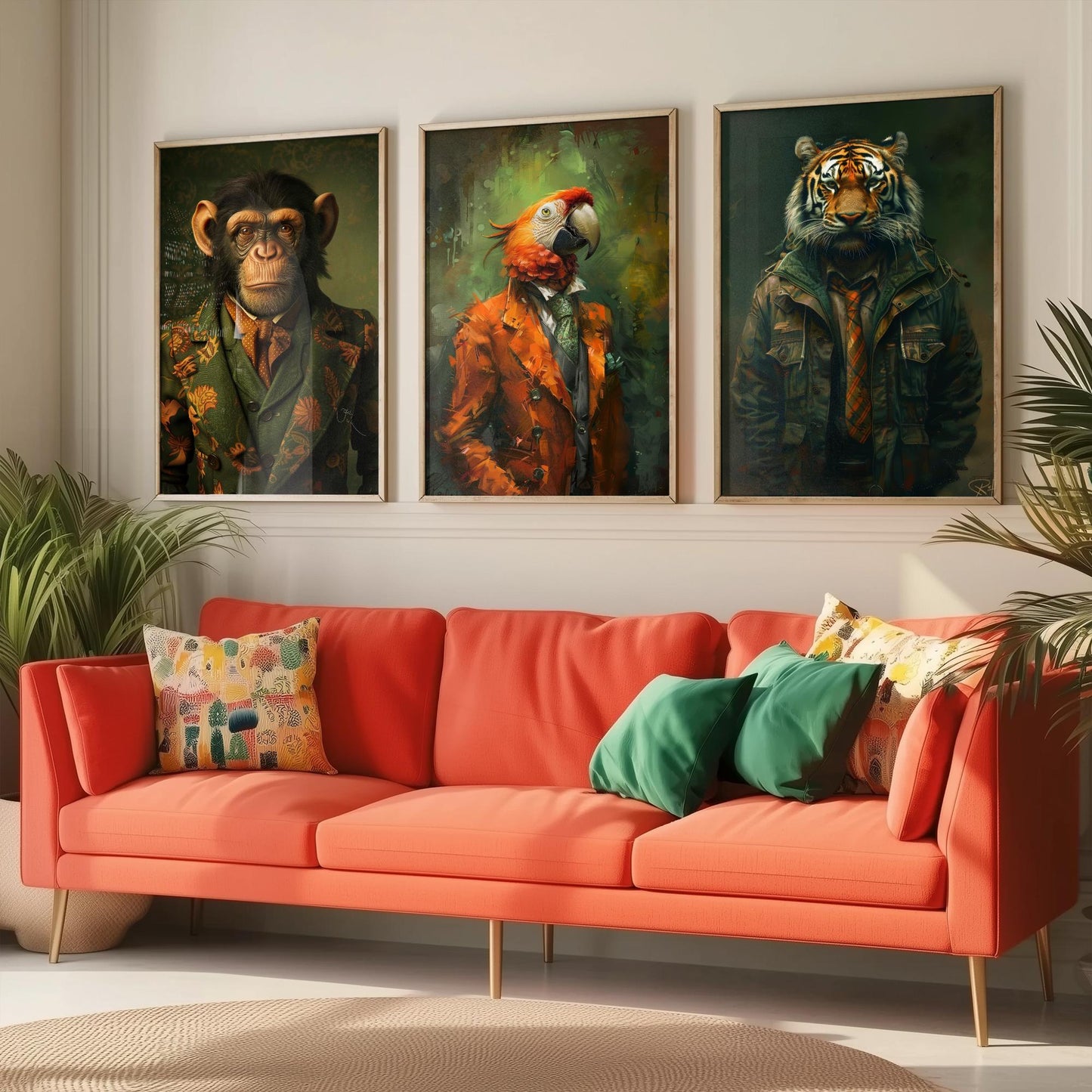 Animals in Suits Set of Three Art Prints - Monkey, Parrot, Tiger Portrait Posters - Jungle Gentleman Animal Painting
