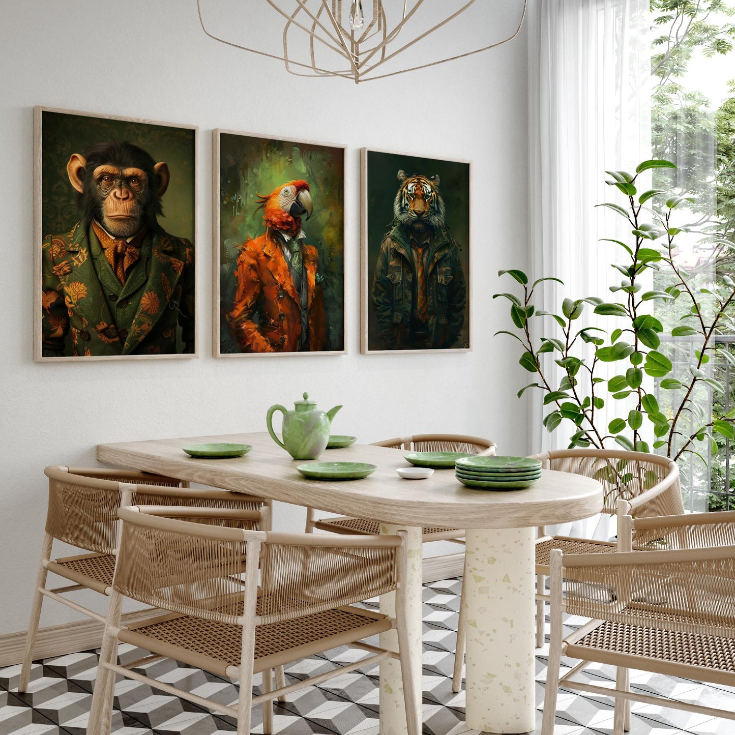 Animals in Suits Set of Three Art Prints - Monkey, Parrot, Tiger Portrait Posters - Jungle Gentleman Animal Painting