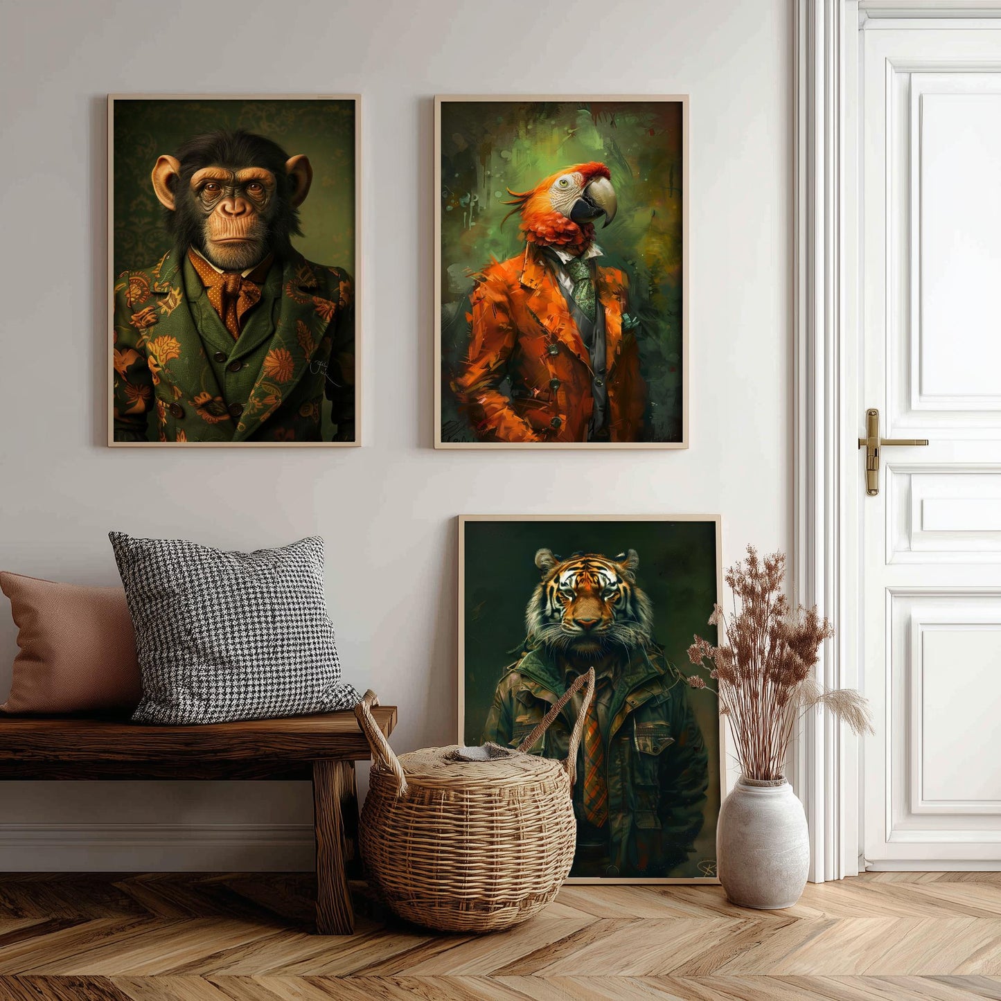 Animals in Suits Set of Three Art Prints - Monkey, Parrot, Tiger Portrait Posters - Jungle Gentleman Animal Painting