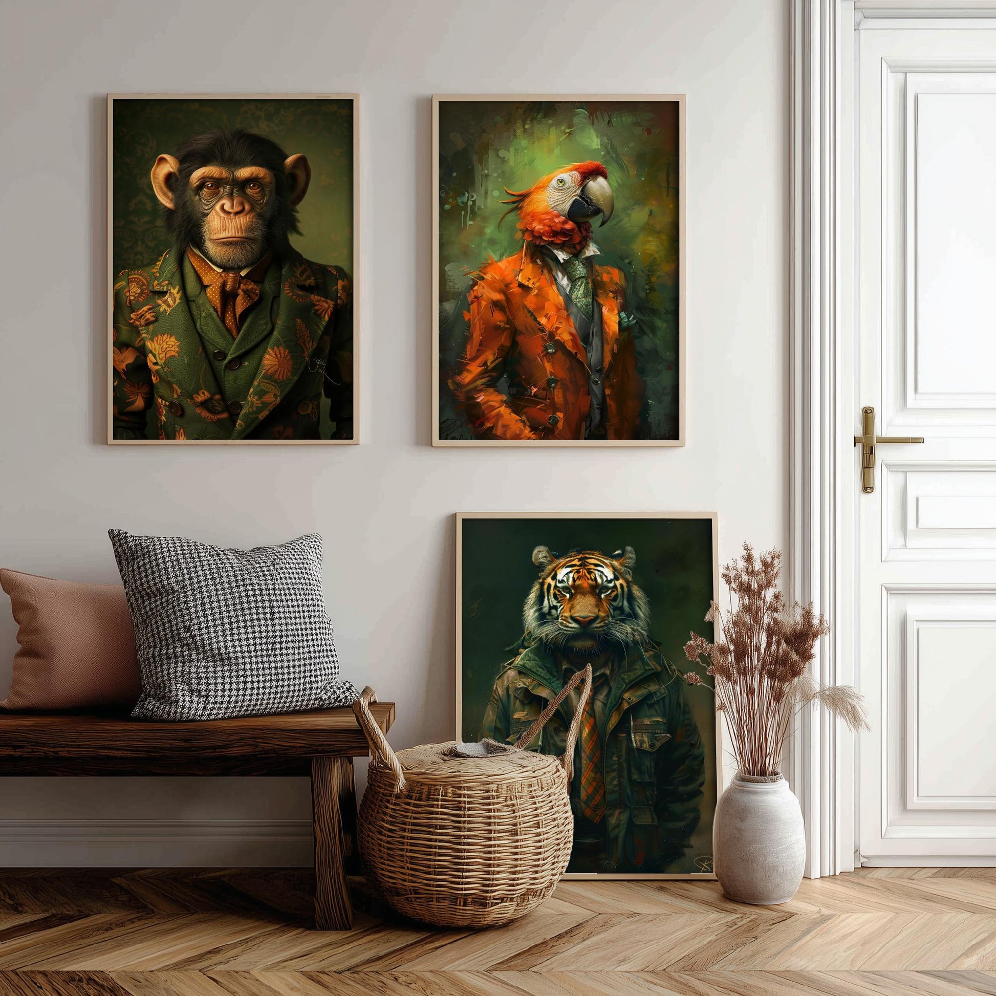 Animals in Suits Set of Three Art Prints - Monkey, Parrot, Tiger Portrait Posters - Jungle Gentleman Animal Painting