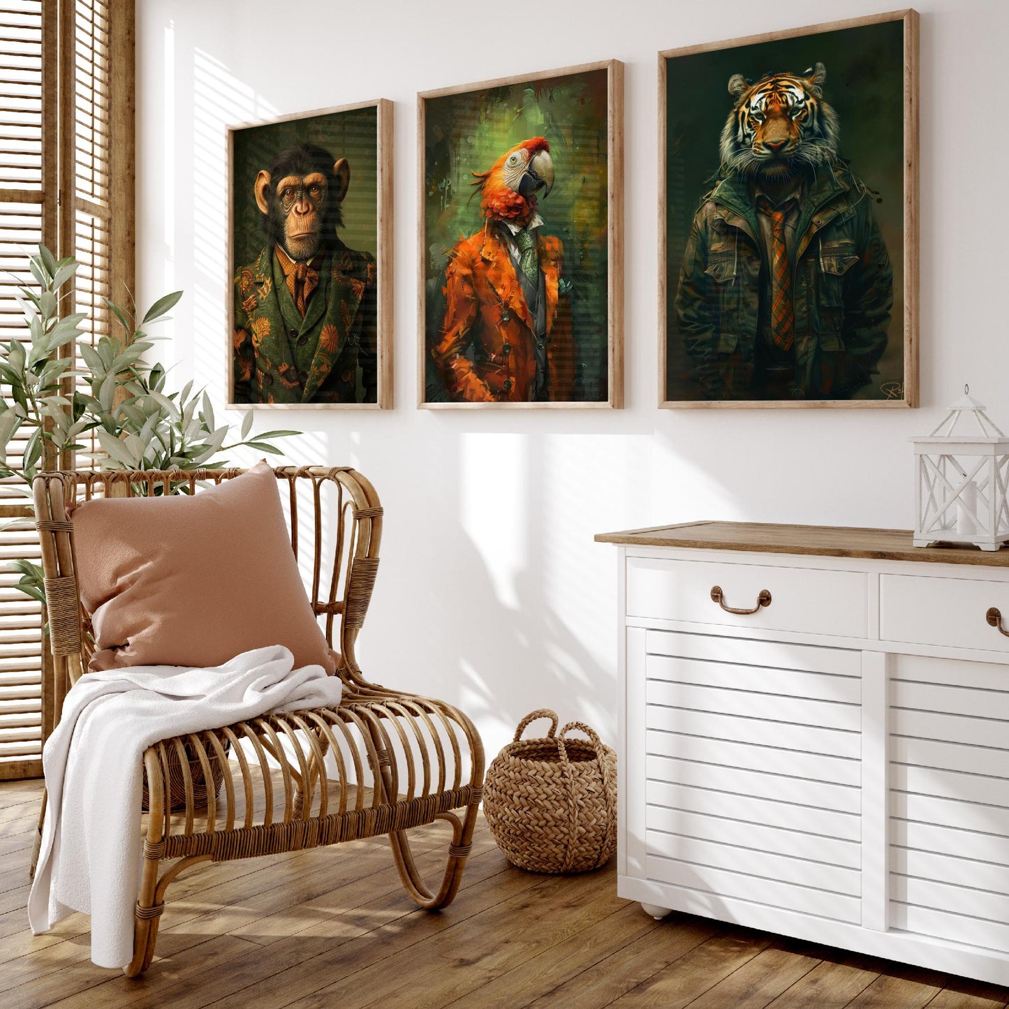 Animals in Suits Set of Three Art Prints - Monkey, Parrot, Tiger Portrait Posters - Jungle Gentleman Animal Painting