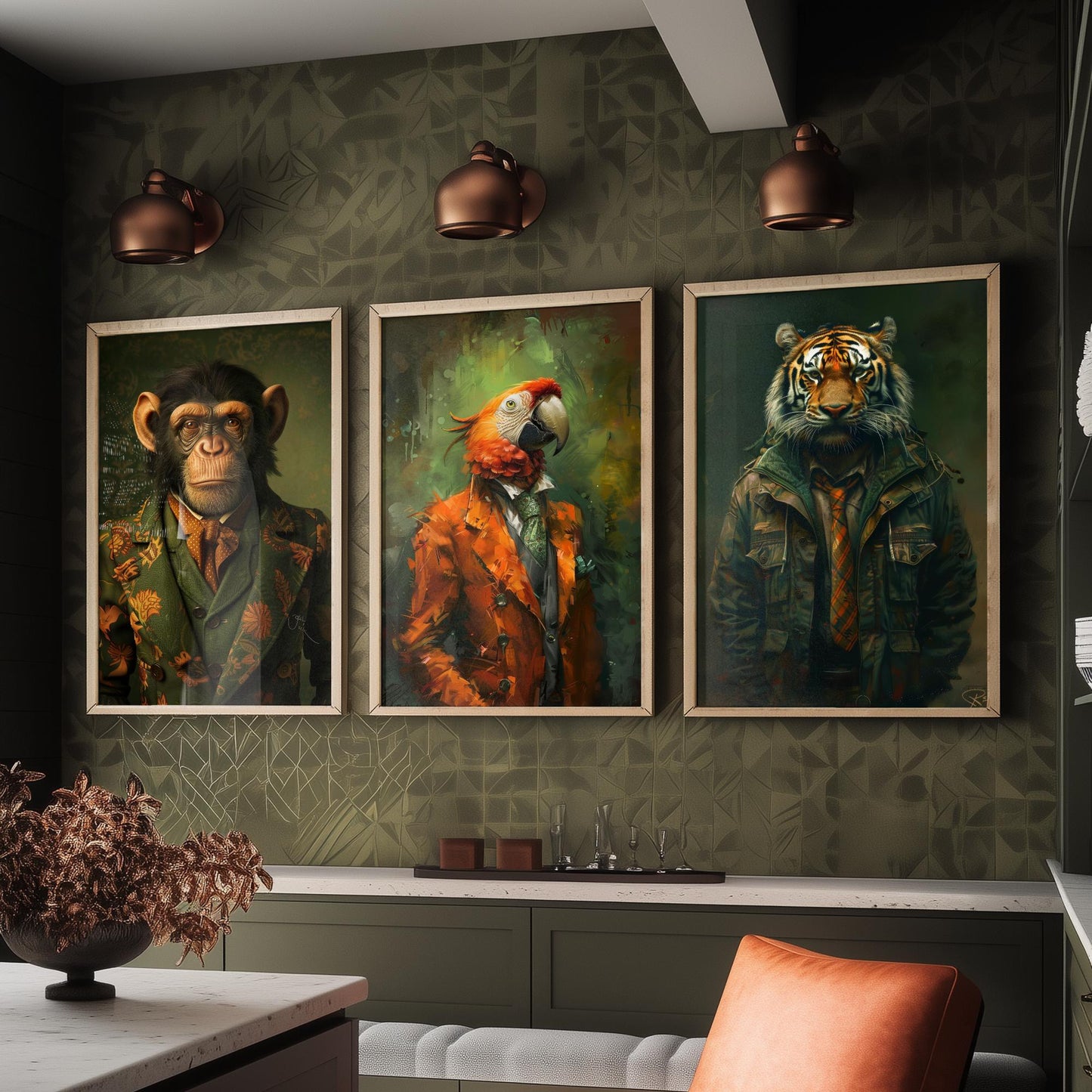 Animals in Suits Set of Three Art Prints - Monkey, Parrot, Tiger Portrait Posters - Jungle Gentleman Animal Painting