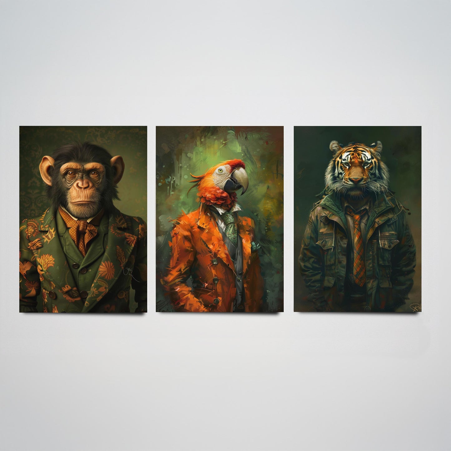 Animals in Suits Set of Three Art Prints - Monkey, Parrot, Tiger Portrait Posters - Jungle Gentleman Animal Painting