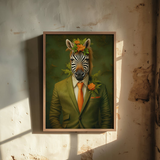 Zebra in a Suit Art Print - Dapper Animal Portrait Poster - Whimsical Illustration - Quirky Wall Art 1/3
