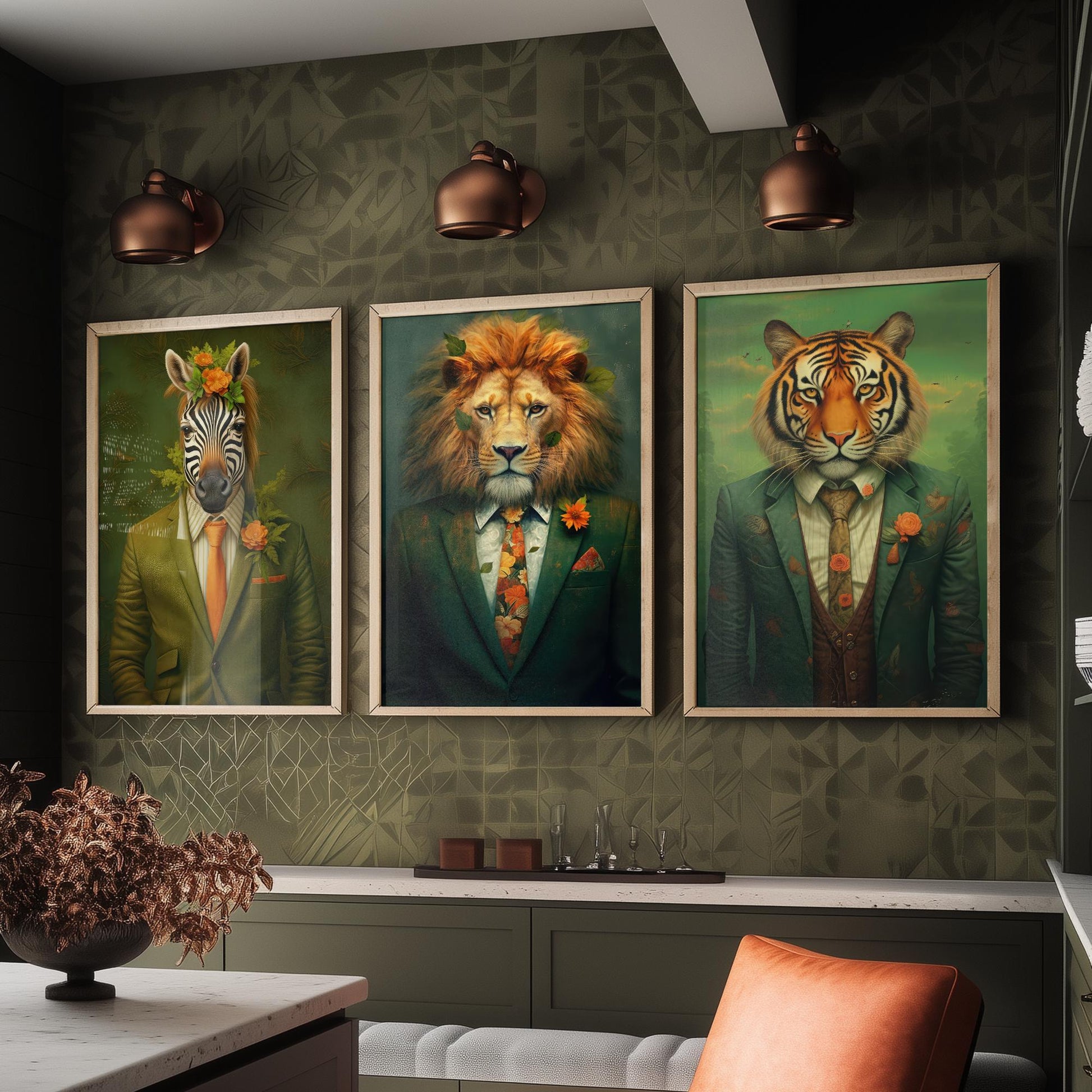 Animals in Suits Set of Three Art Prints - Zebra, Lion, Tiger Paintings - Whimsical Poster Wall Art Gift Giclee Portrait Decor