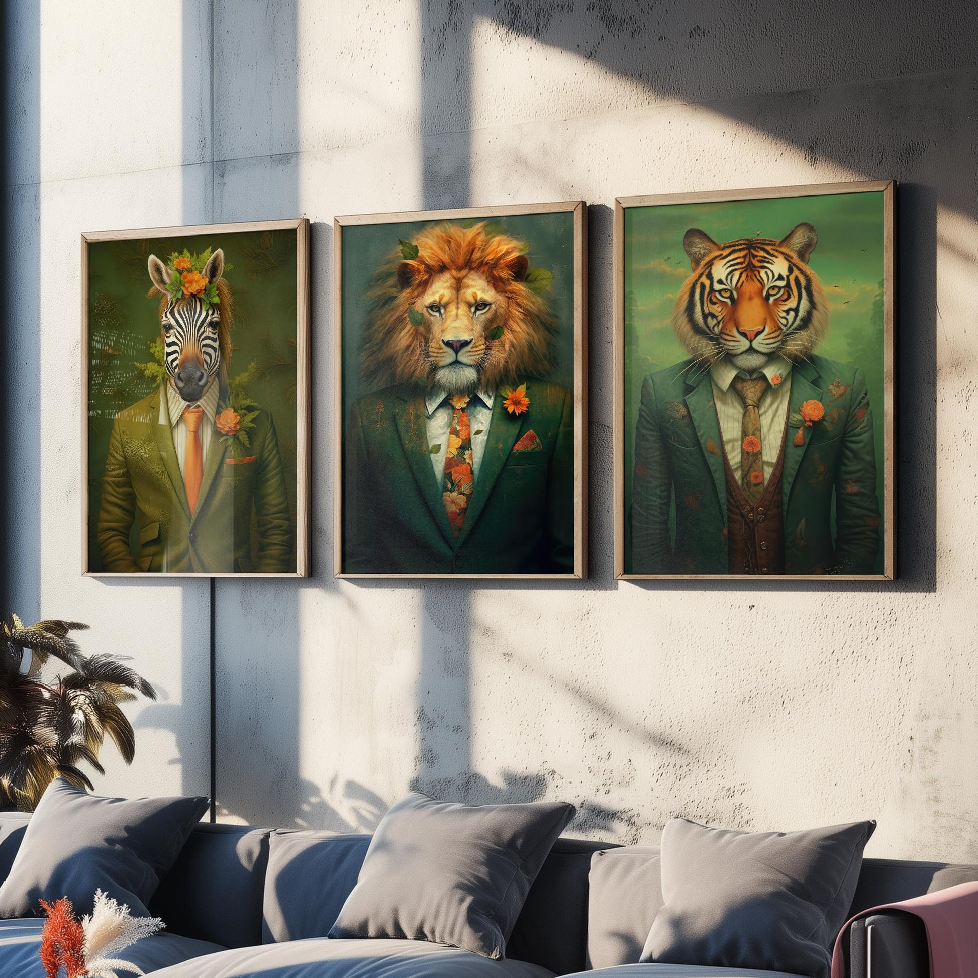 Animals in Suits Set of Three Art Prints - Zebra, Lion, Tiger Paintings - Whimsical Poster Wall Art Gift Giclee Portrait Decor
