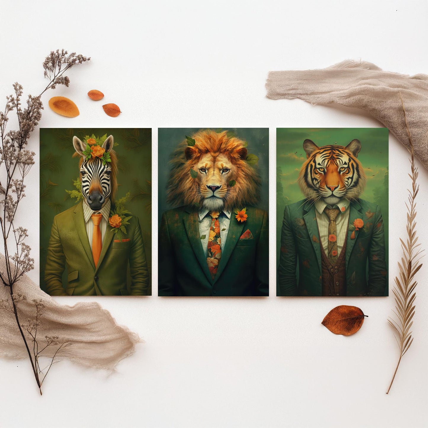 Animals in Suits Set of Three Art Prints - Zebra, Lion, Tiger Paintings - Whimsical Poster Wall Art Gift Giclee Portrait Decor