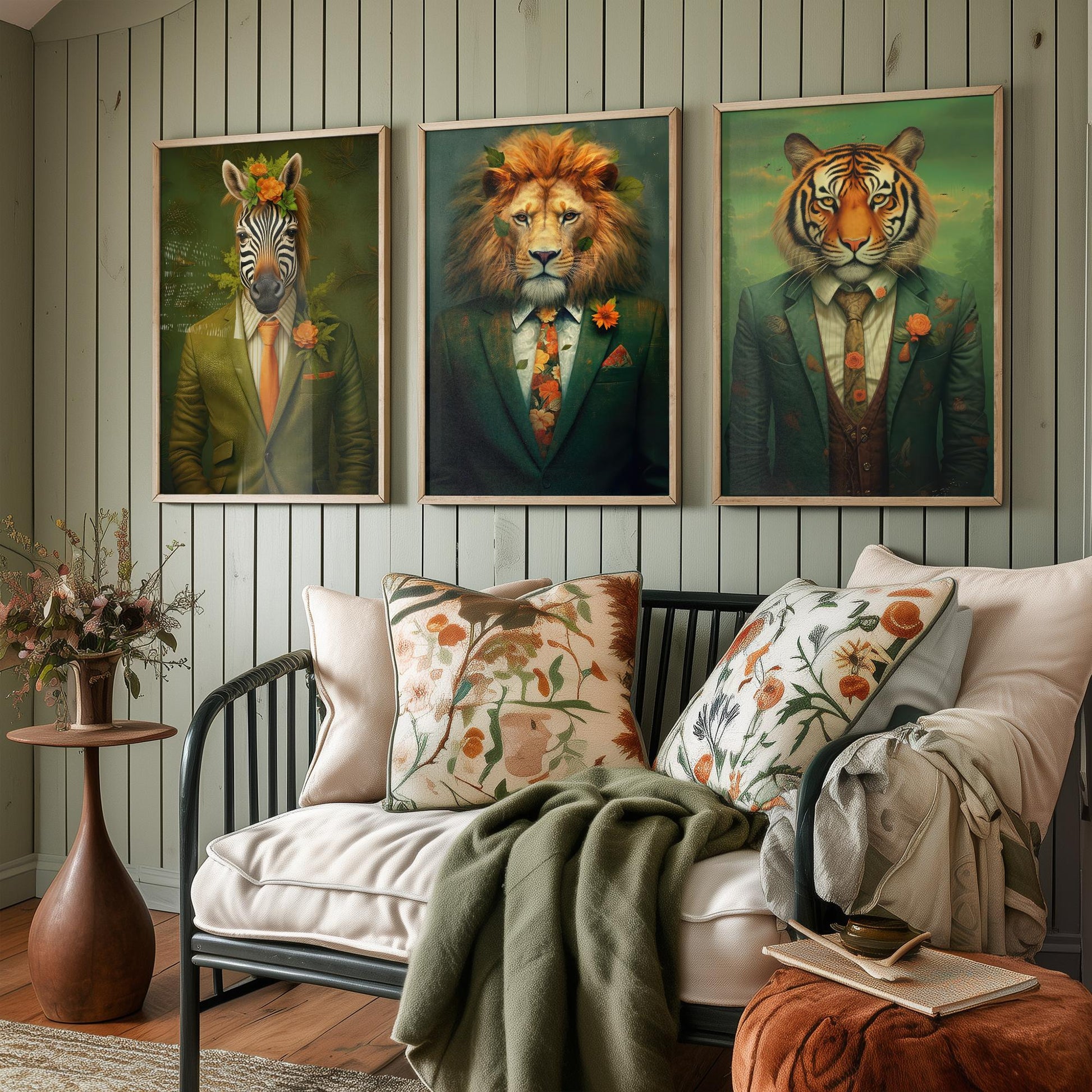 Animals in Suits Set of Three Art Prints - Zebra, Lion, Tiger Paintings - Whimsical Poster Wall Art Gift Giclee Portrait Decor