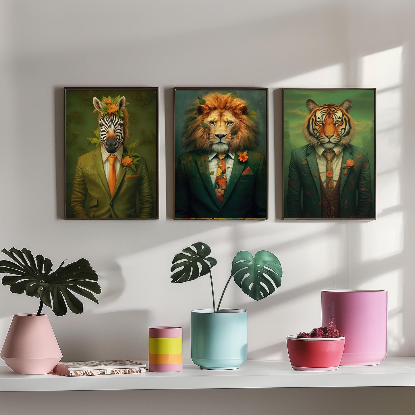 Animals in Suits Set of Three Art Prints - Zebra, Lion, Tiger Paintings - Whimsical Poster Wall Art Gift Giclee Portrait Decor