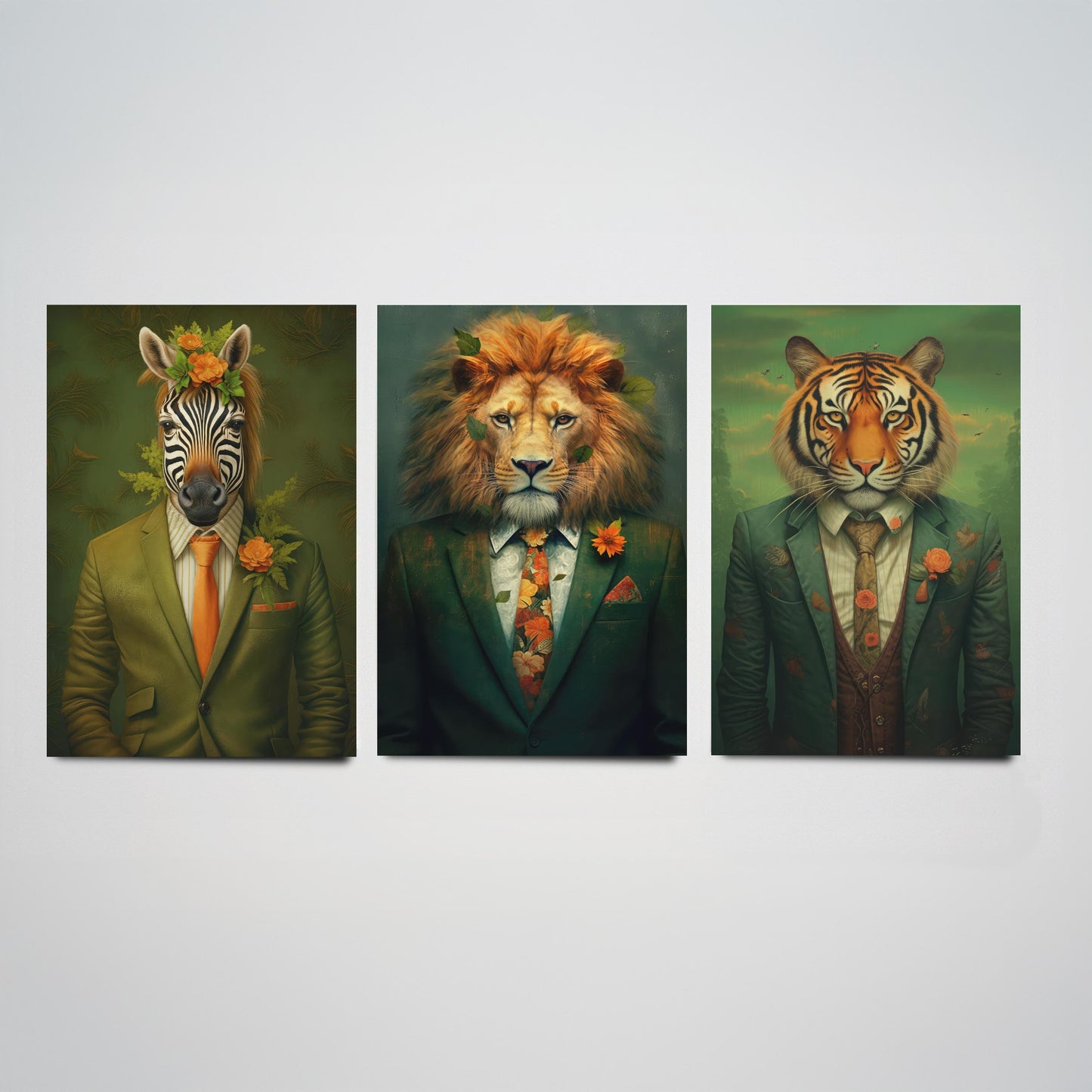 Animals in Suits Set of Three Art Prints - Zebra, Lion, Tiger Paintings - Whimsical Poster Wall Art Gift Giclee Portrait Decor