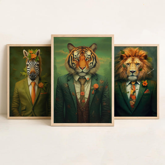 Animals in Suits Set of Three Art Prints - Zebra, Lion, Tiger Paintings - Whimsical Poster Wall Art Gift Giclee Portrait Decor