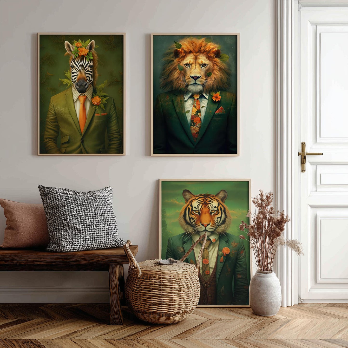 Animals in Suits Set of Three Art Prints - Zebra, Lion, Tiger Paintings - Whimsical Poster Wall Art Gift Giclee Portrait Decor