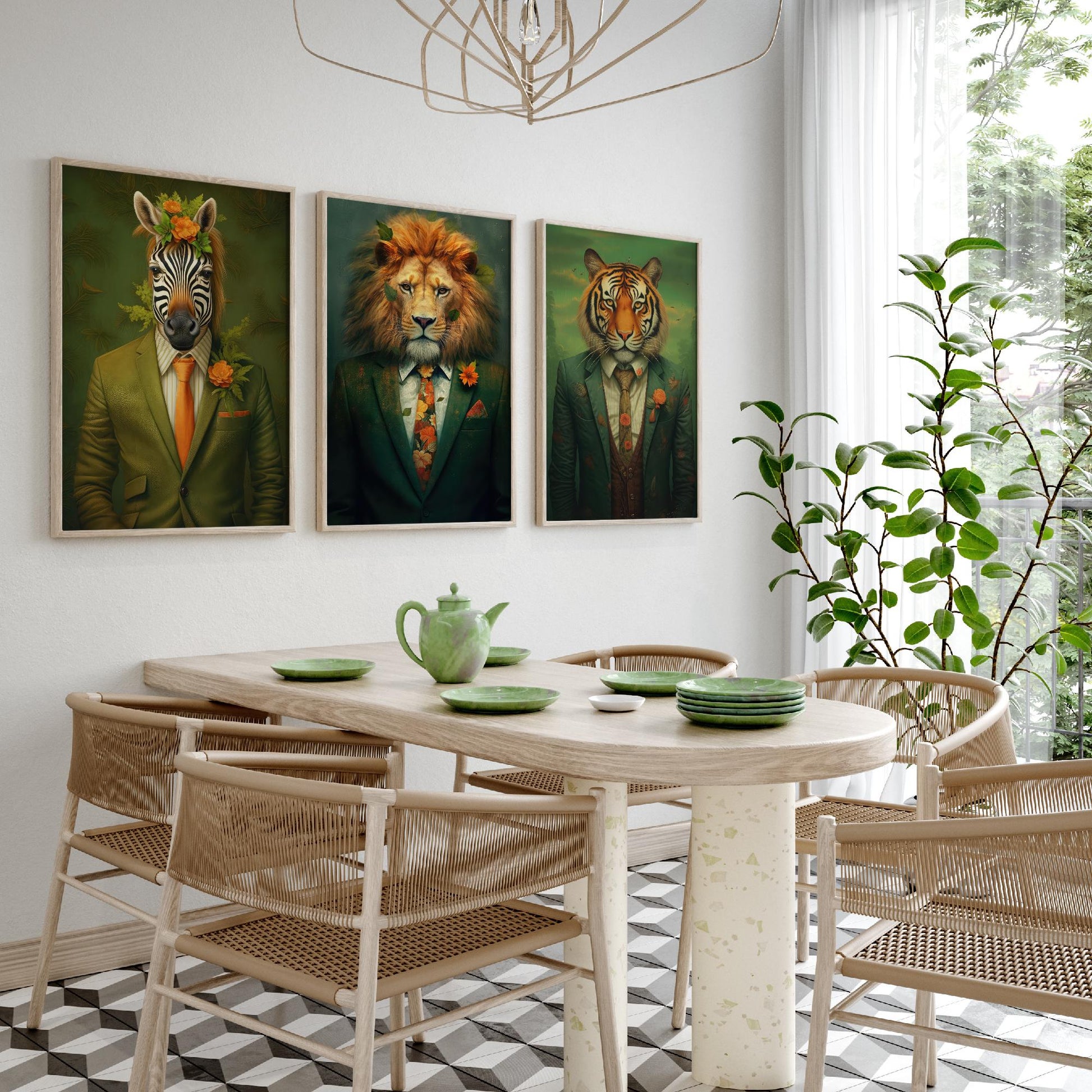 Animals in Suits Set of Three Art Prints - Zebra, Lion, Tiger Paintings - Whimsical Poster Wall Art Gift Giclee Portrait Decor