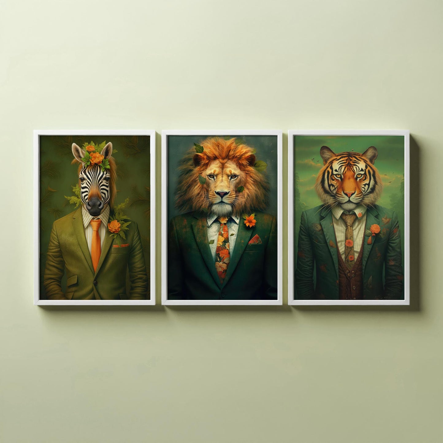 Animals in Suits Set of Three Art Prints - Zebra, Lion, Tiger Paintings - Whimsical Poster Wall Art Gift Giclee Portrait Decor
