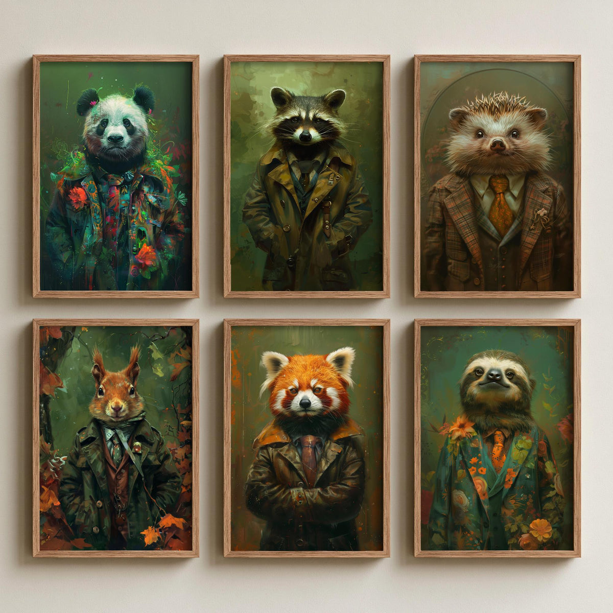 Set of Six Animals in Suits Art Prints - 6 Cute Critter Posters - Panda, Raccoon, Hedgehog, Squirrel, Red Panda, Sloth Painting