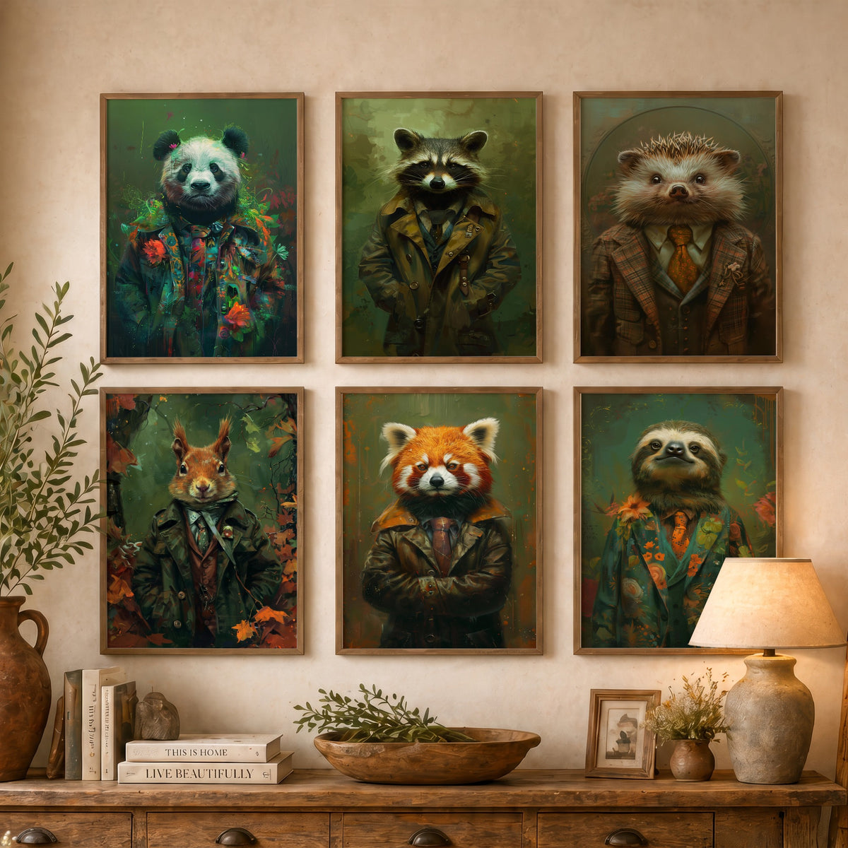 Set of Six Animals in Suits Art Prints - 6 Cute Critter Posters - Panda, Raccoon, Hedgehog, Squirrel, Red Panda, Sloth Painting
